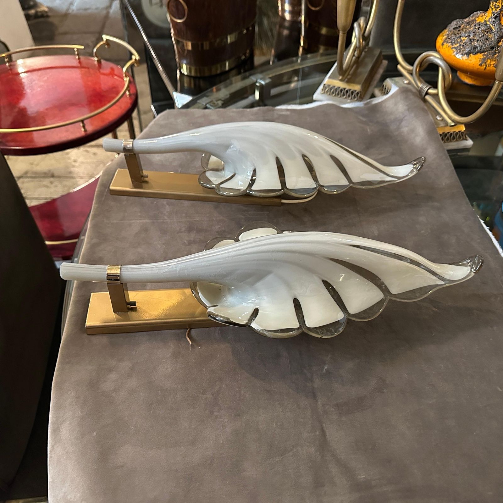 963.0 1970s Mid Century Modern Light Grey And Brass Murano Glass Sconce By Franco Luce photo