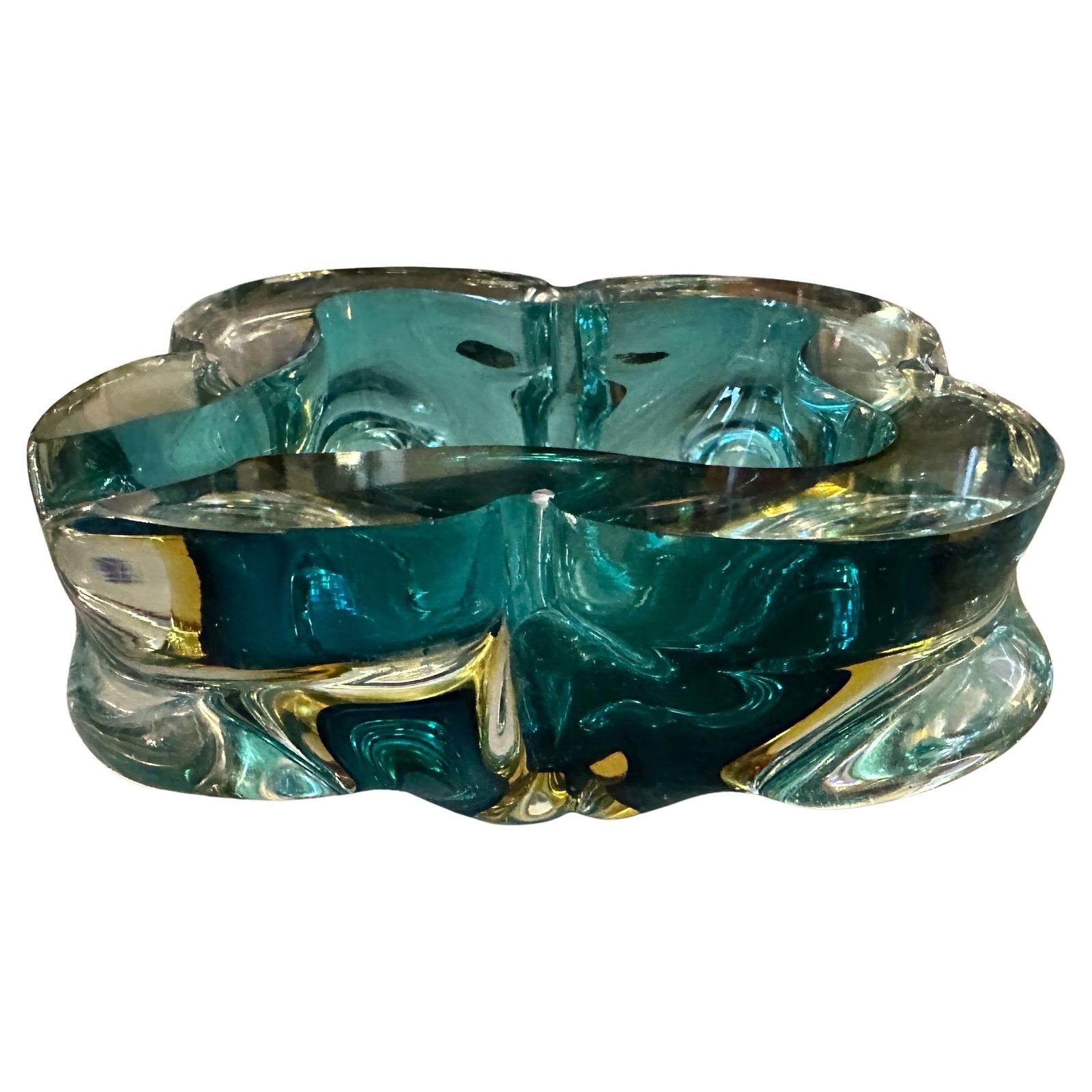 1960s Seguso Style Modern Heavy Green And Yellow Murano Glass Big Ashtray