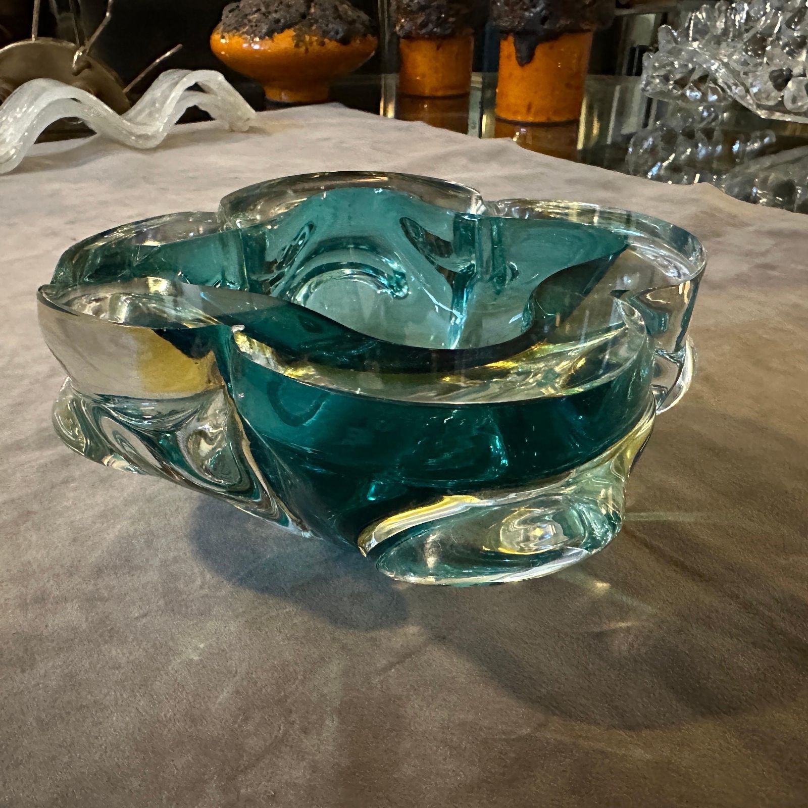 1960s Seguso Style Modern Heavy Green And Yellow Murano Glass Big Ashtray photo Home Decor
