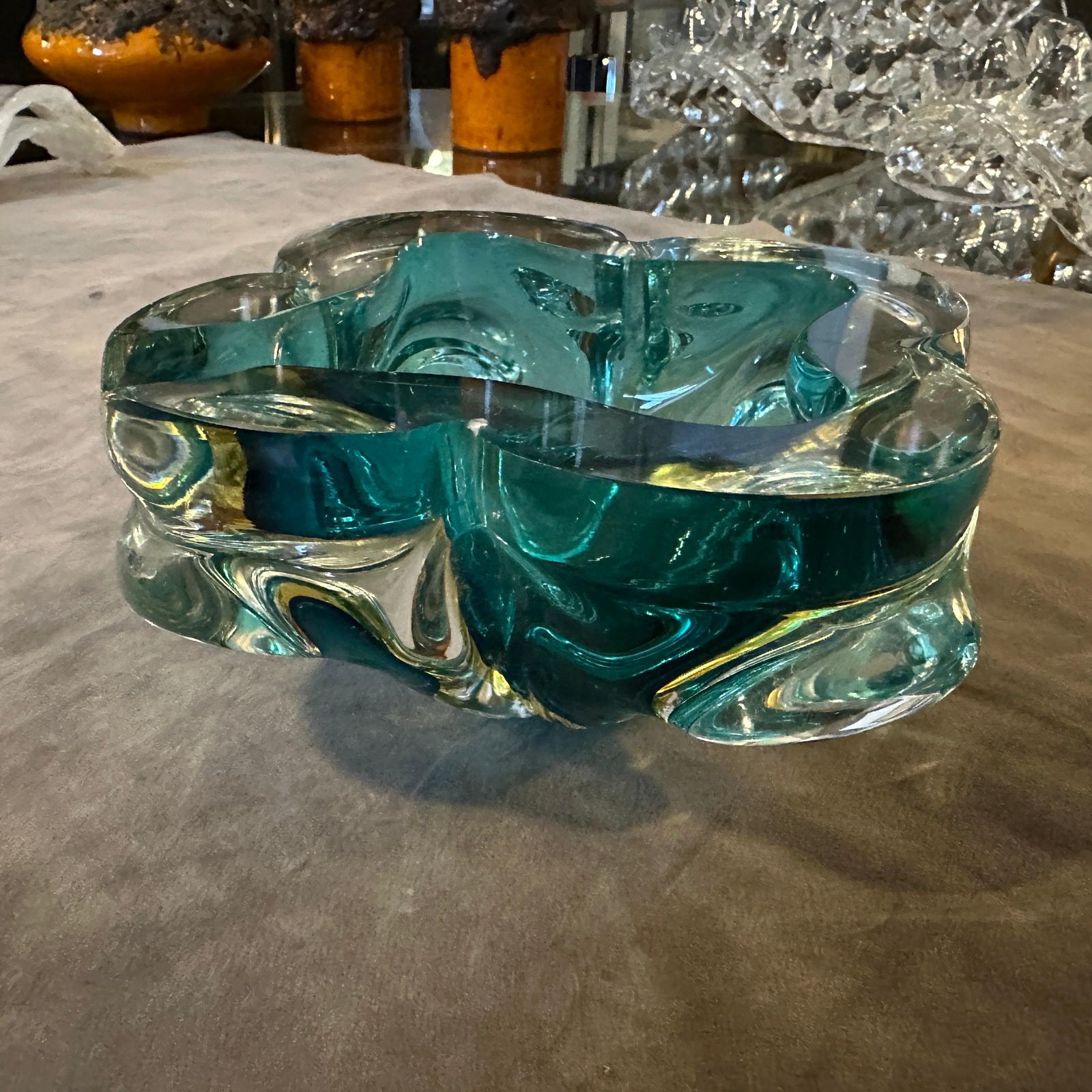 1960s Seguso Style Modern Heavy Green And Yellow Murano Glass Big Ashtray photo 428.0