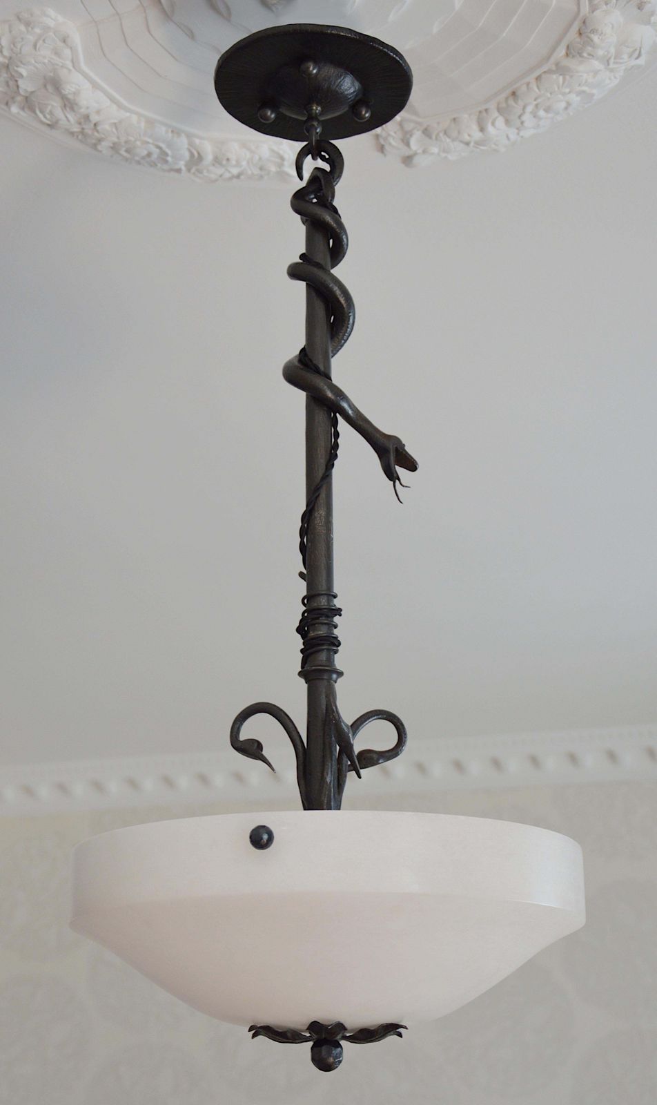 French Art Deco Wrought Iron Snake And Alabaster Pendant Chandelier, 1928 photo furniture