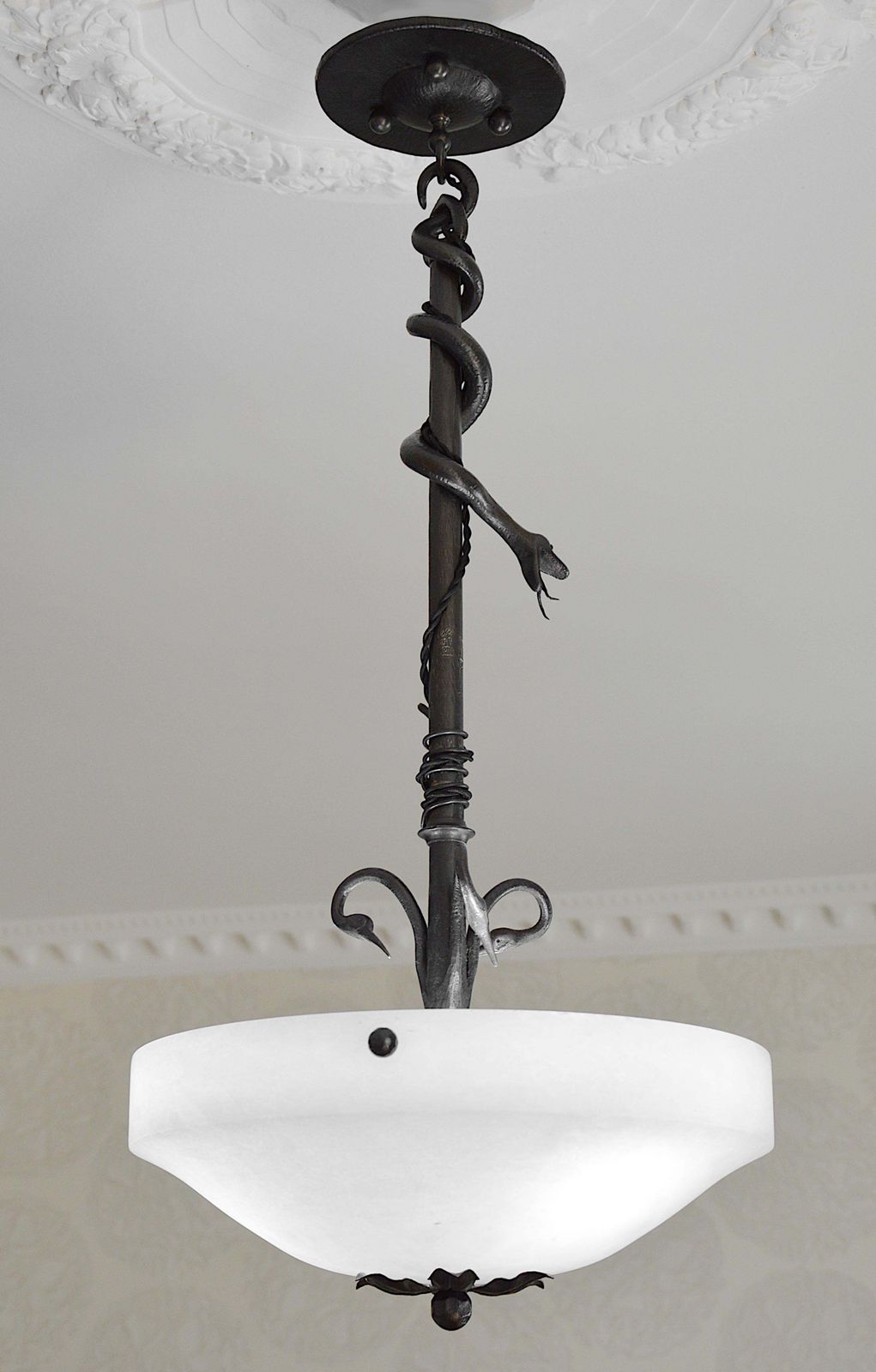 French Art Deco Wrought Iron Snake And Alabaster Pendant Chandelier, 1928 photo for sale