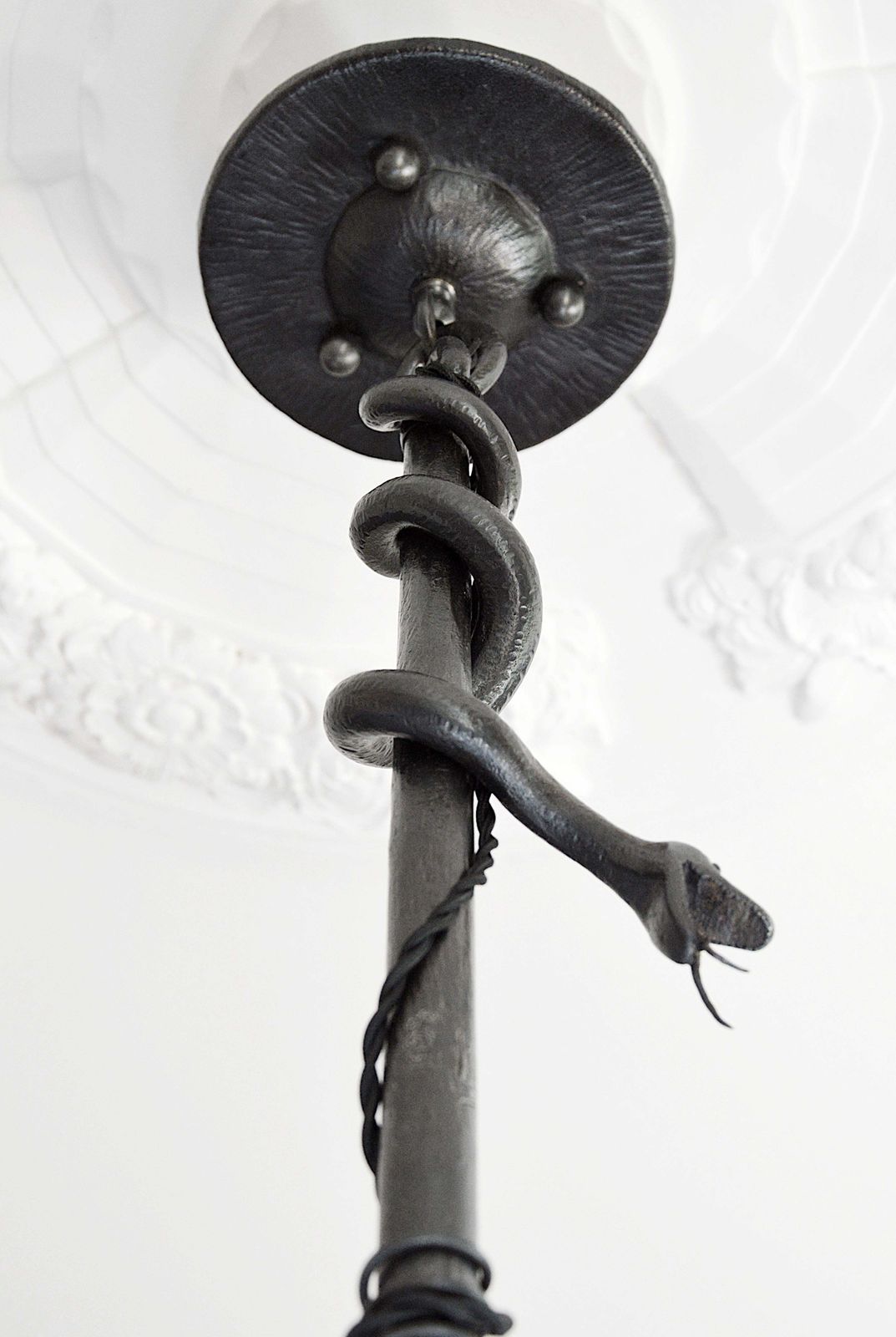 photo furniture French Art Deco Wrought Iron Snake And Alabaster Pendant Chandelier, 1928
