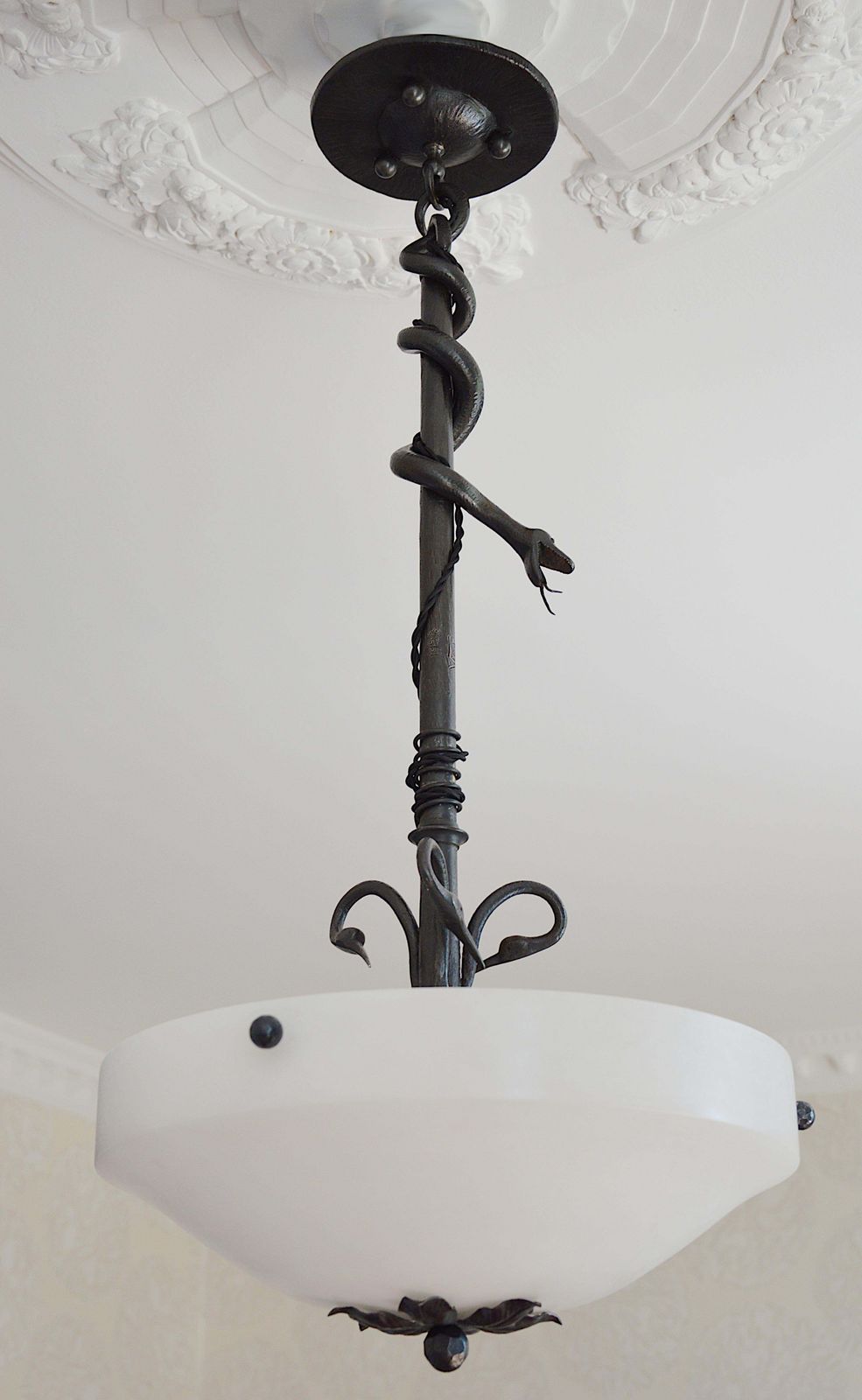 photo for sale French Art Deco Wrought Iron Snake And Alabaster Pendant Chandelier, 1928
