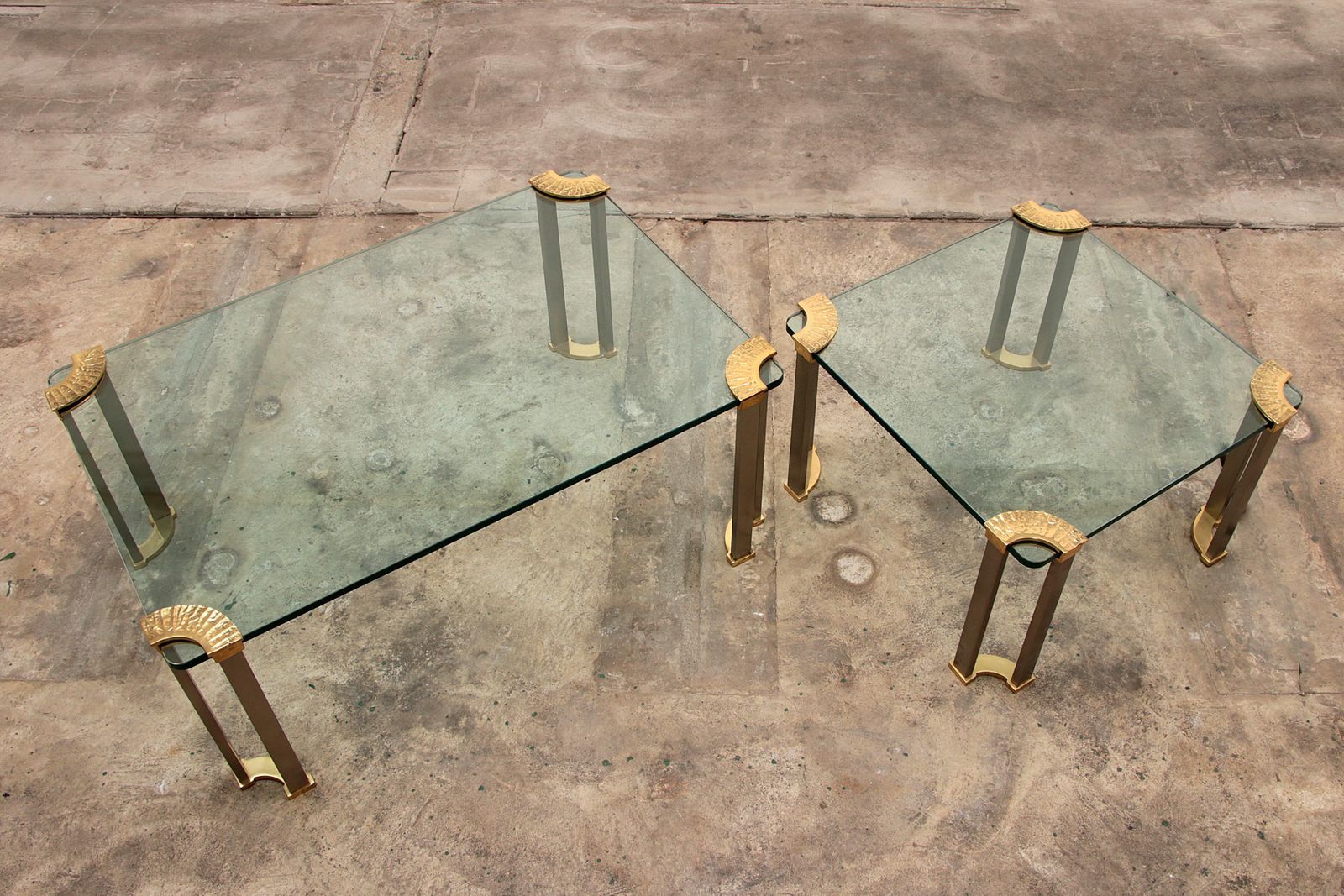Hollywood Regency Glass Coffee Table With Glass Side Table, Peter Ghyzcy Style photo Furniture