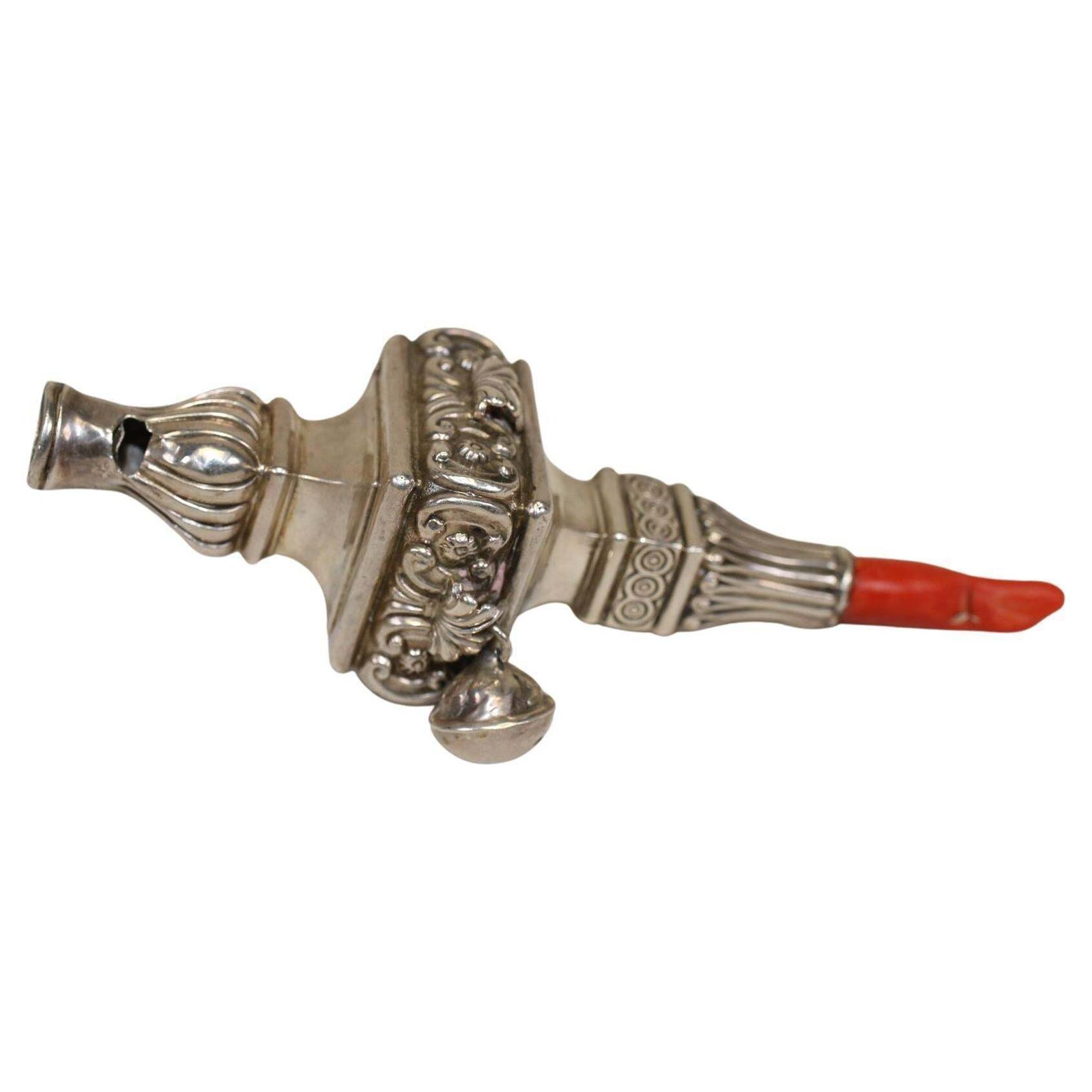 Silver Children's Rattle 1900 English Made Silver Rattle With Red Coral, 1900