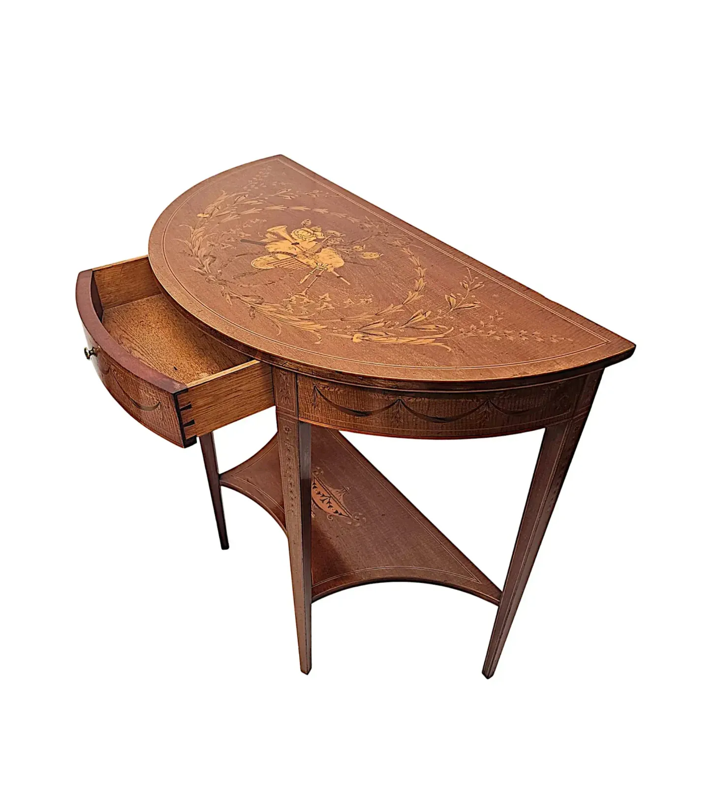 A Very Rare Edwardian Marquetry Inlaid Demilune Hall Or Console Table Attributed To London Maker 'Edward And Roberts' photo 4167.3144