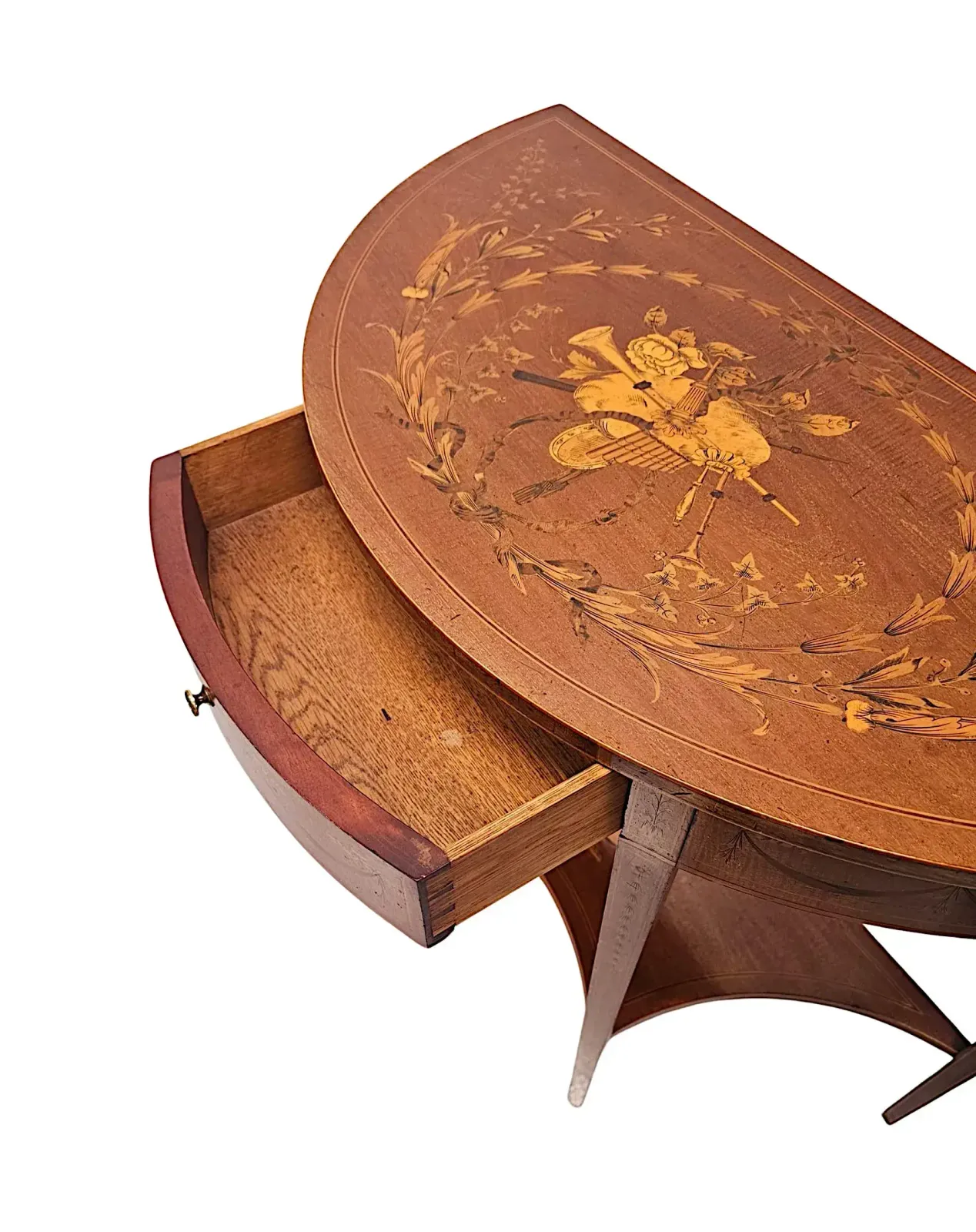 A Very Rare Edwardian Marquetry Inlaid Demilune Hall Or Console Table Attributed To London Maker 'Edward And Roberts' photo vinterior