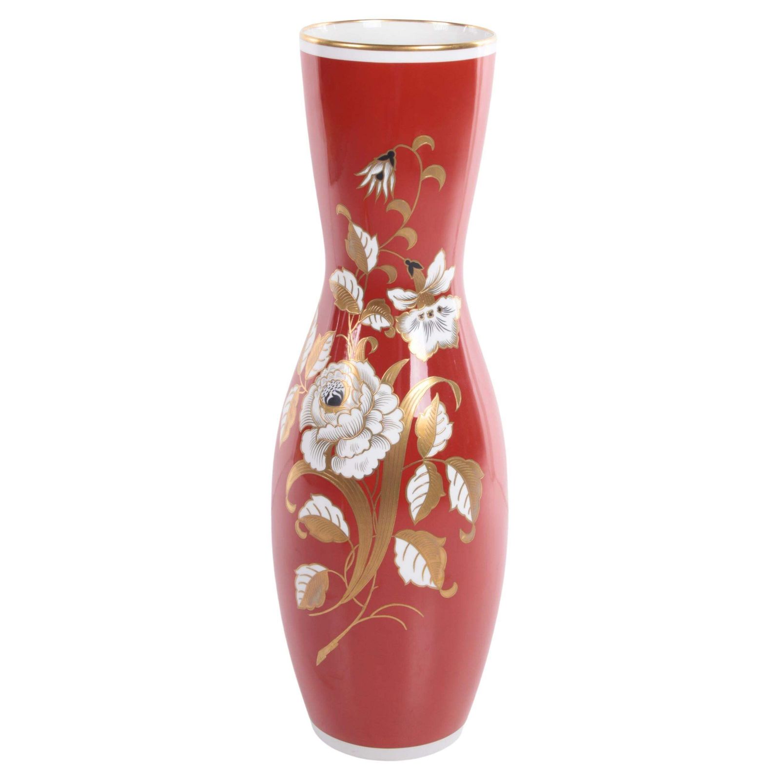 Very Large Red Porcelain Vase With Golden Flowers Veb Wallendorfer 1960