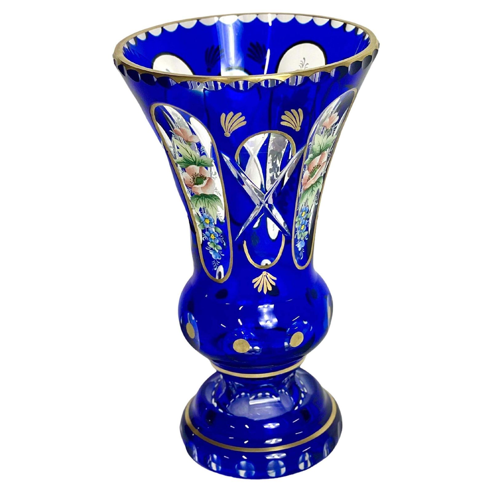 Vintage French Cobalt Blue Crystal Overlay Footed Vase