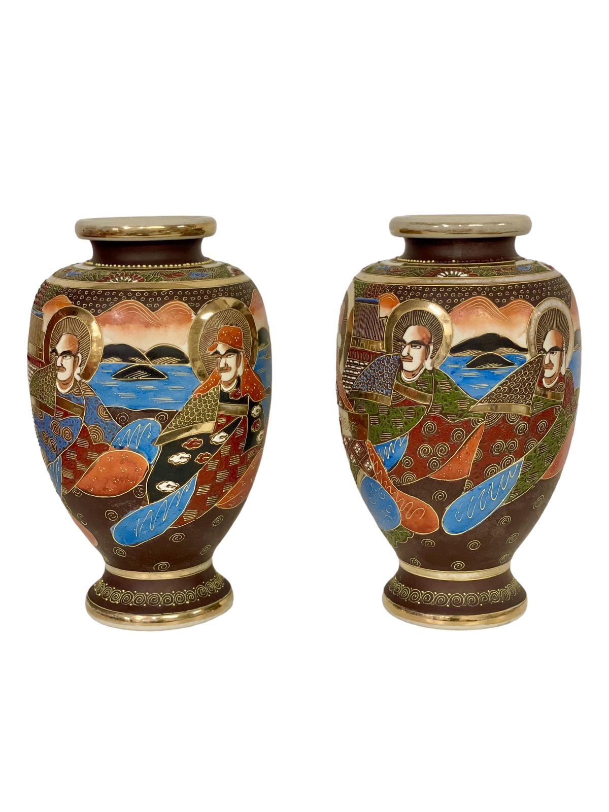 Pair Of Japanese Satsuma 'Moriage' Porcelain Gilt Vases photo vintage