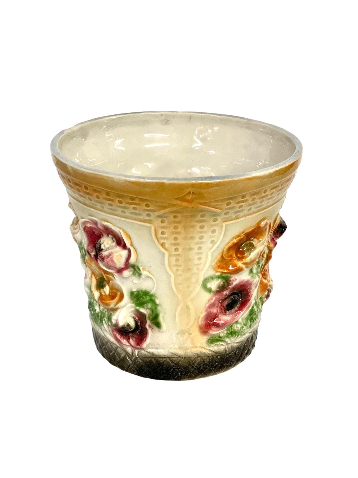 19th Century French Majolica Cache Pot With Poppies Decor photo vinterior