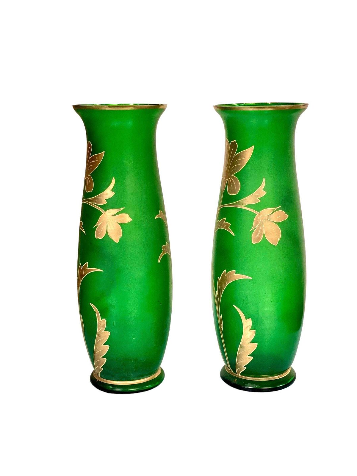 Pair Of Antique Bohemian Gilt And Green Glass Vases photo furniture