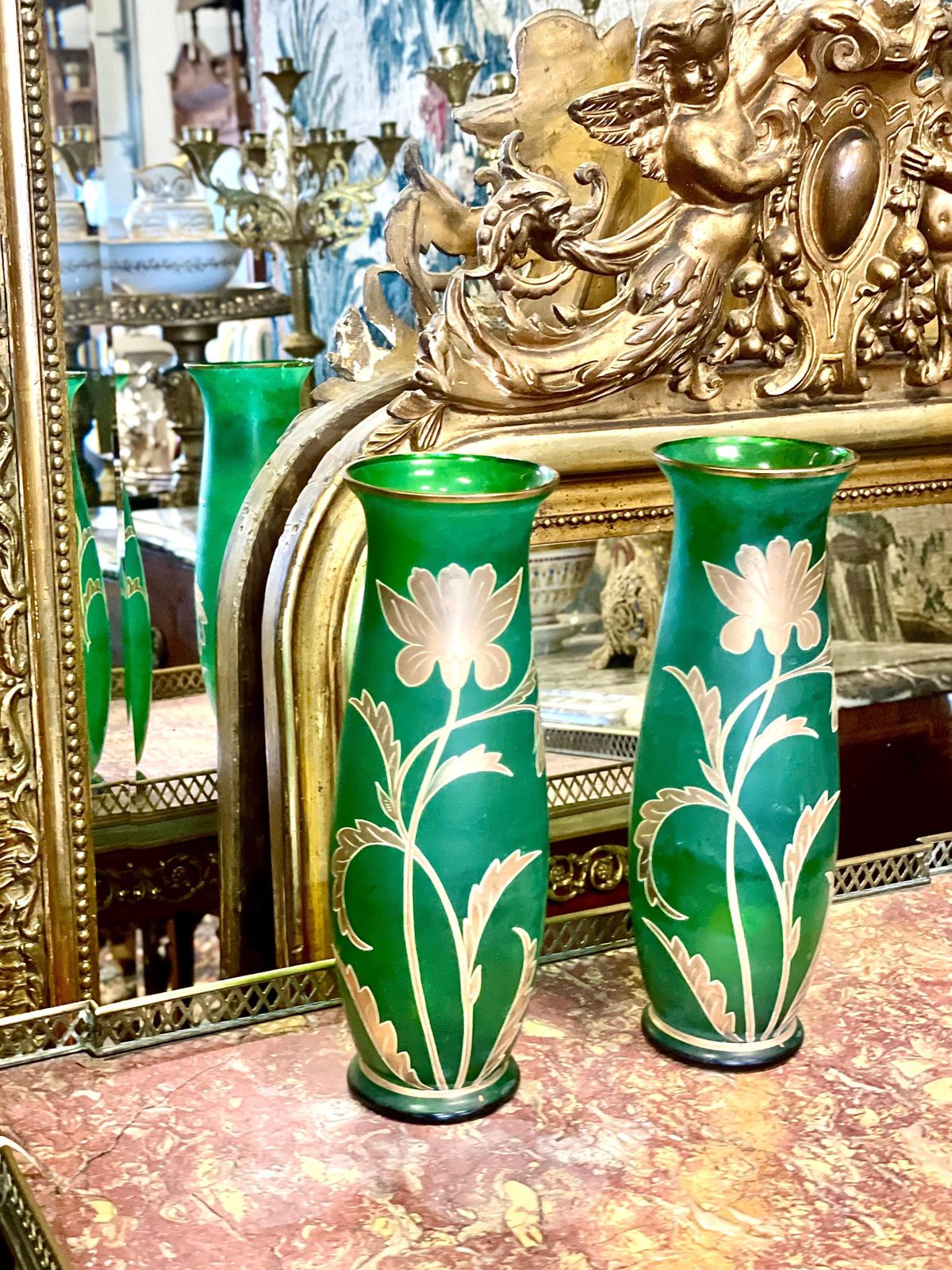 Pair Of Antique Bohemian Gilt And Green Glass Vases photo buy