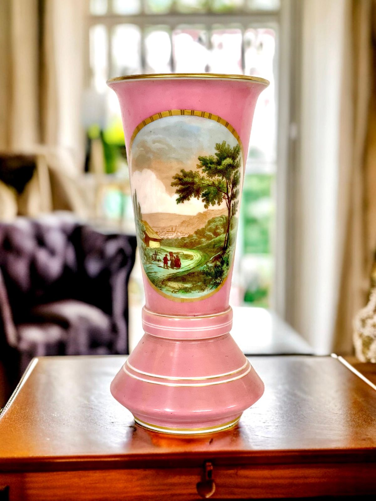 photo buy 19th Century Pink Opaline Vase With Pastoral Decoration