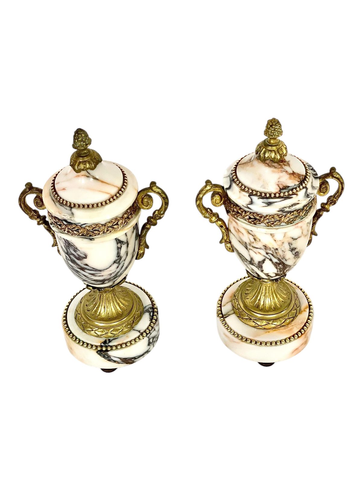 photo vintage Pair Of 19th Century Gilt Bronze And Marble Cassolettes Or Urns
