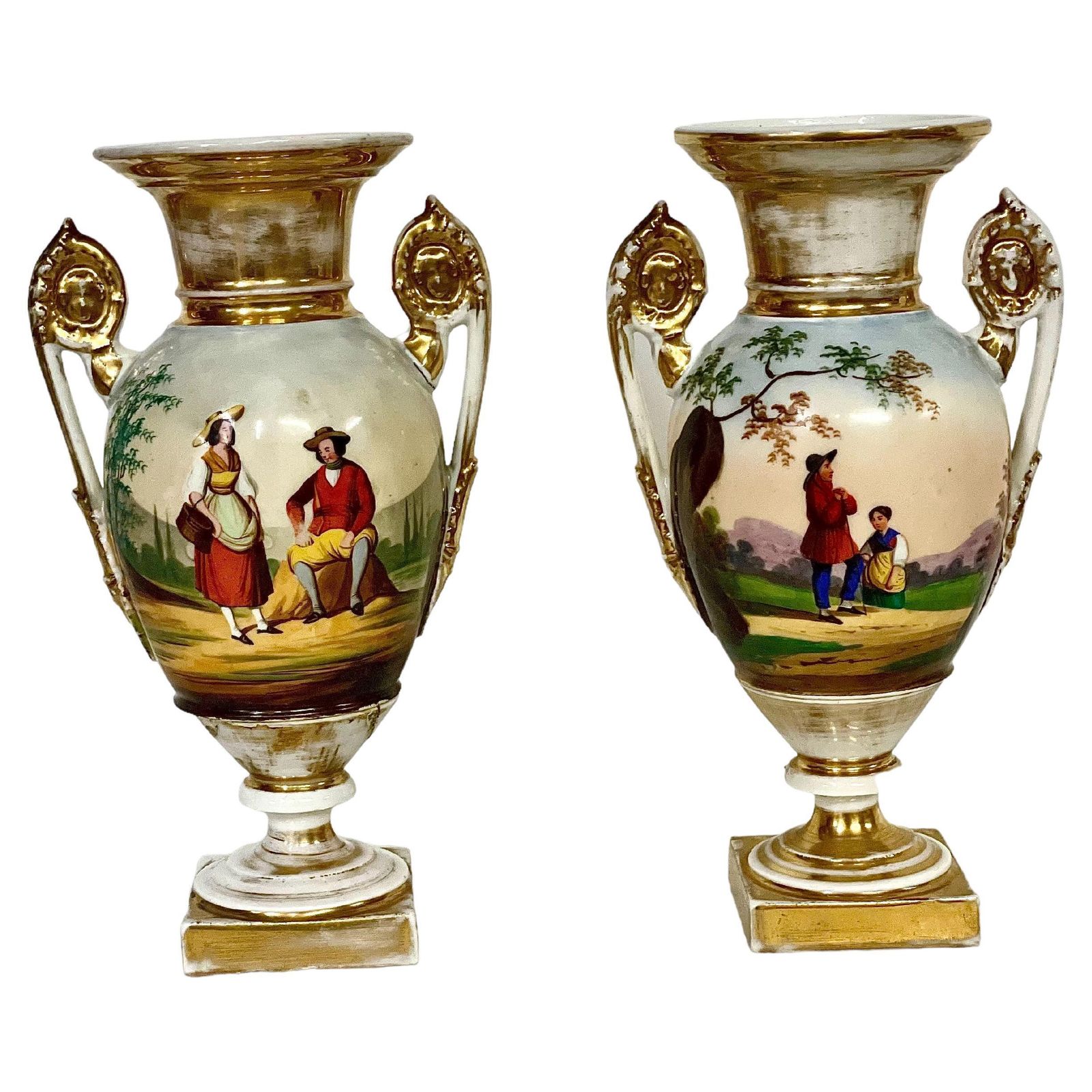19th Century Pair Of Hand Painted Paris Porcelain Urns