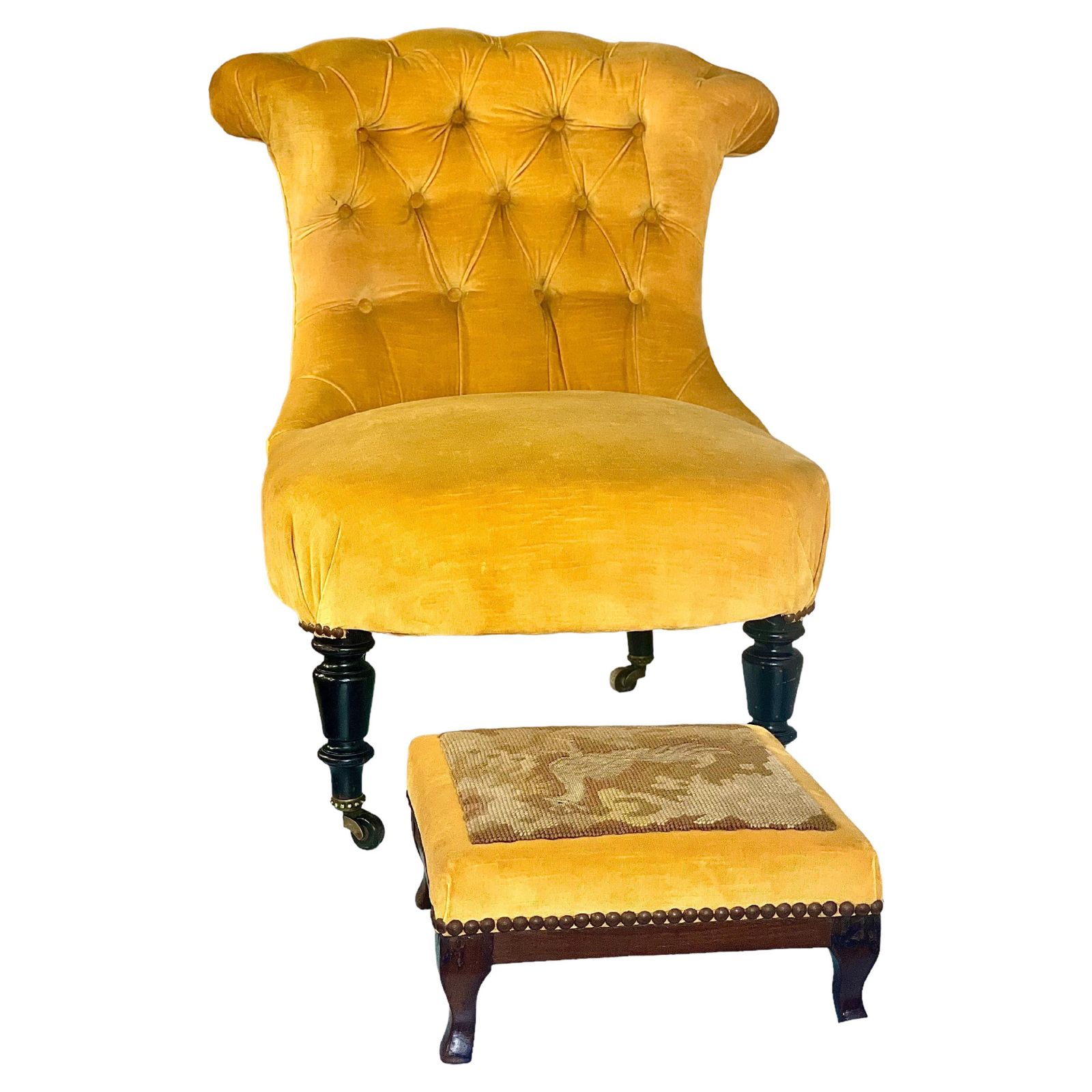1860s French Fireside Chair And Matching Footstool