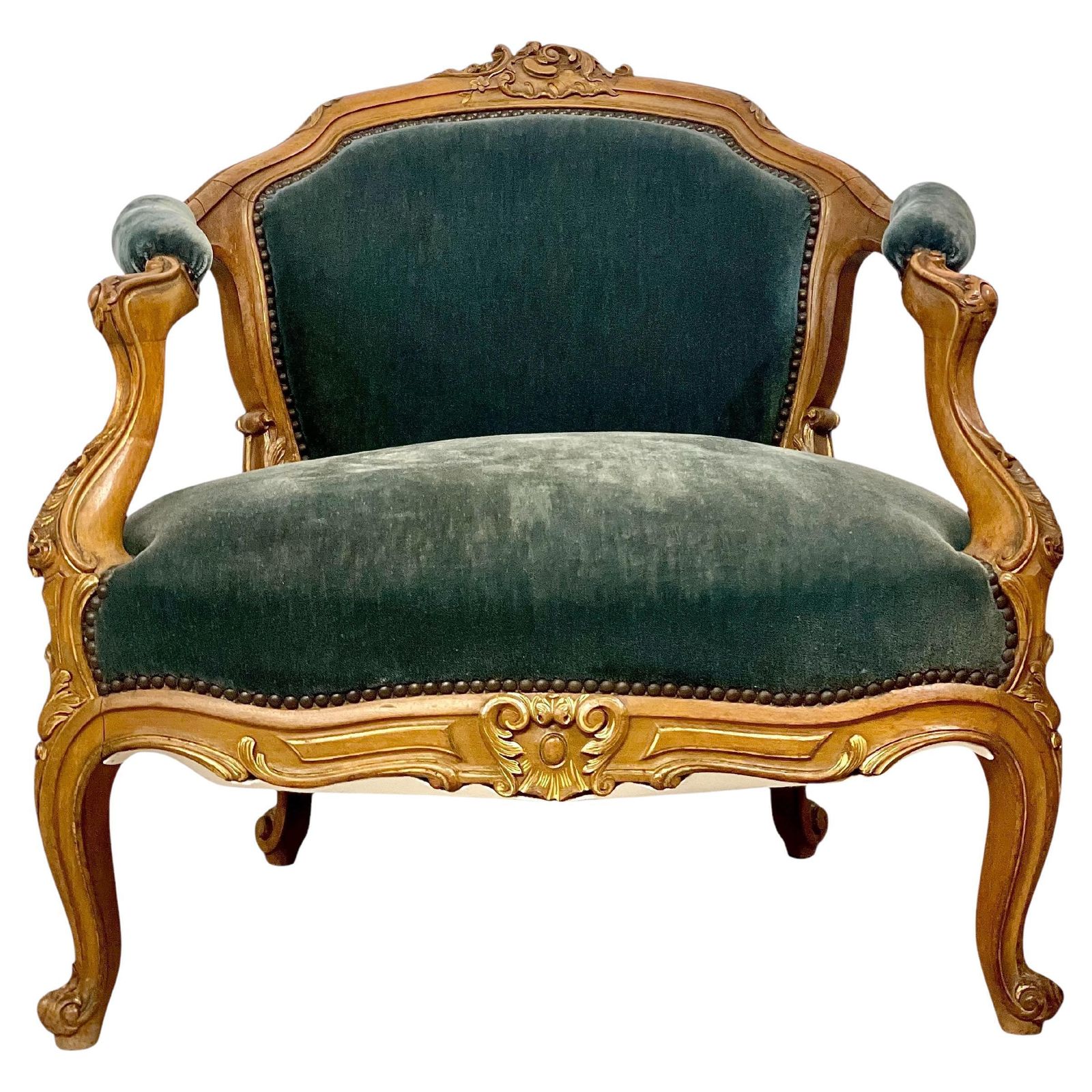 19th Century Lounge Armchair In Carved Giltwood And Velvet