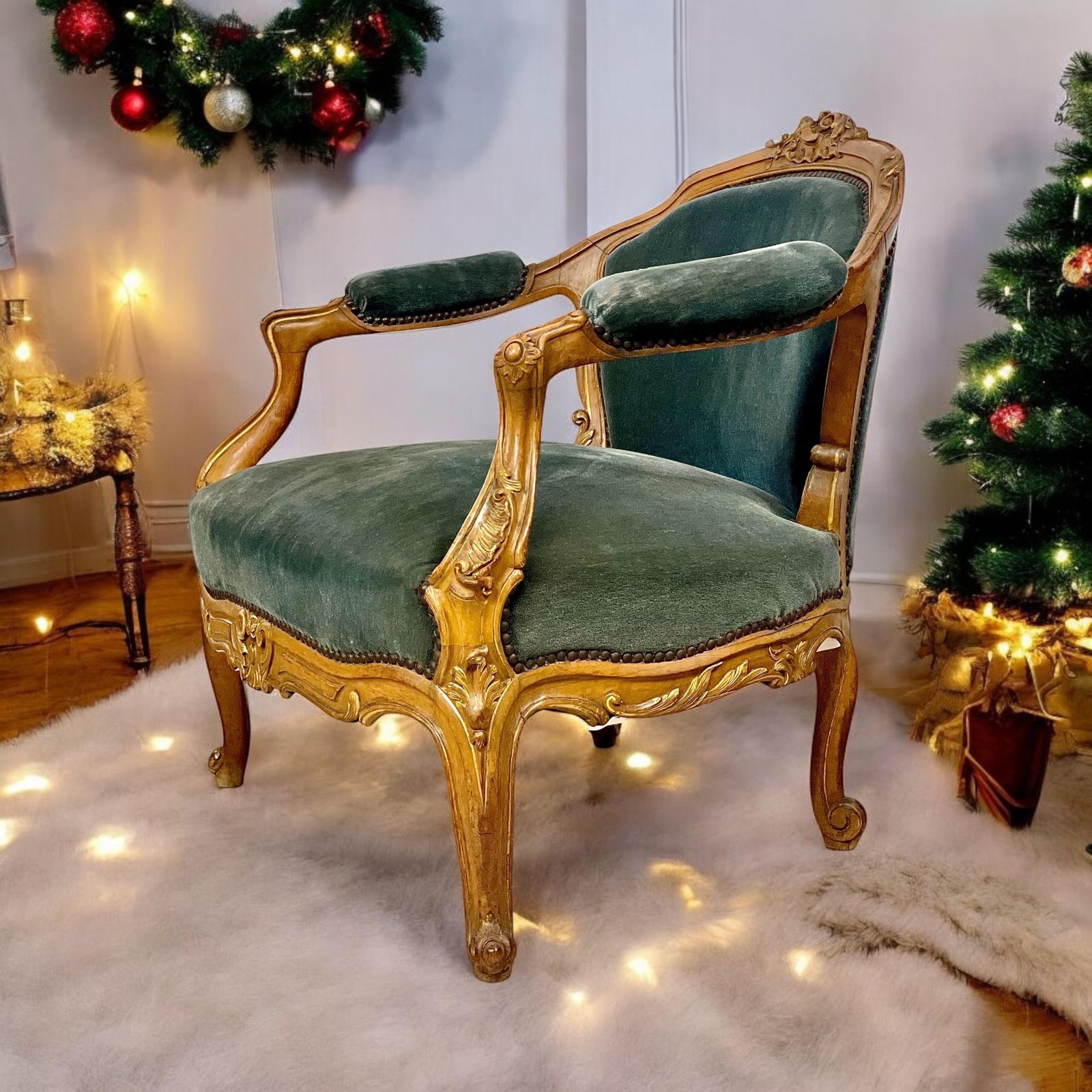 19th Century Lounge Armchair In Carved Giltwood And Velvet photo 1795.0