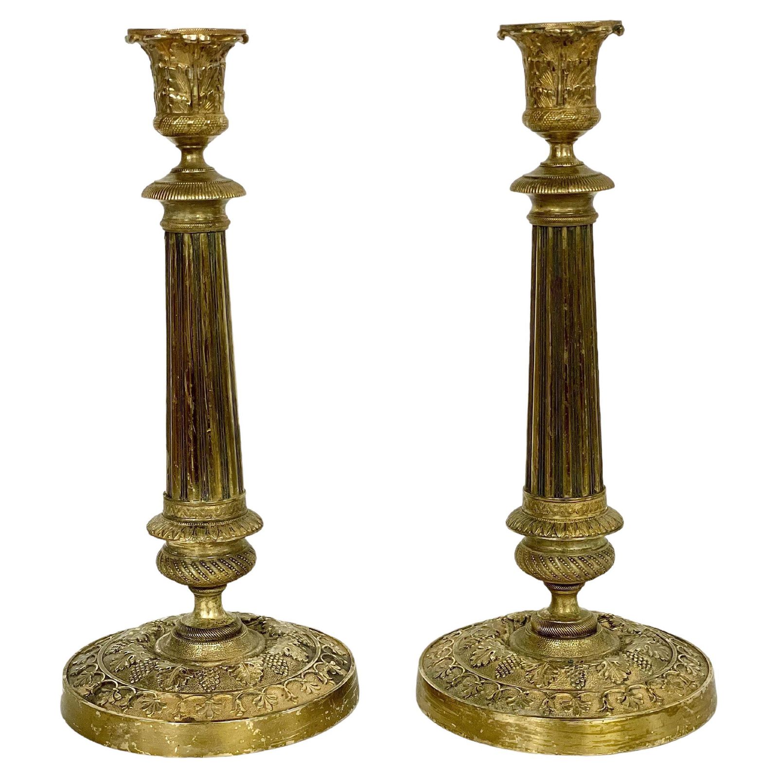 Pair Of Gilt Bronze Neoclassical Candlesticks 19th Century