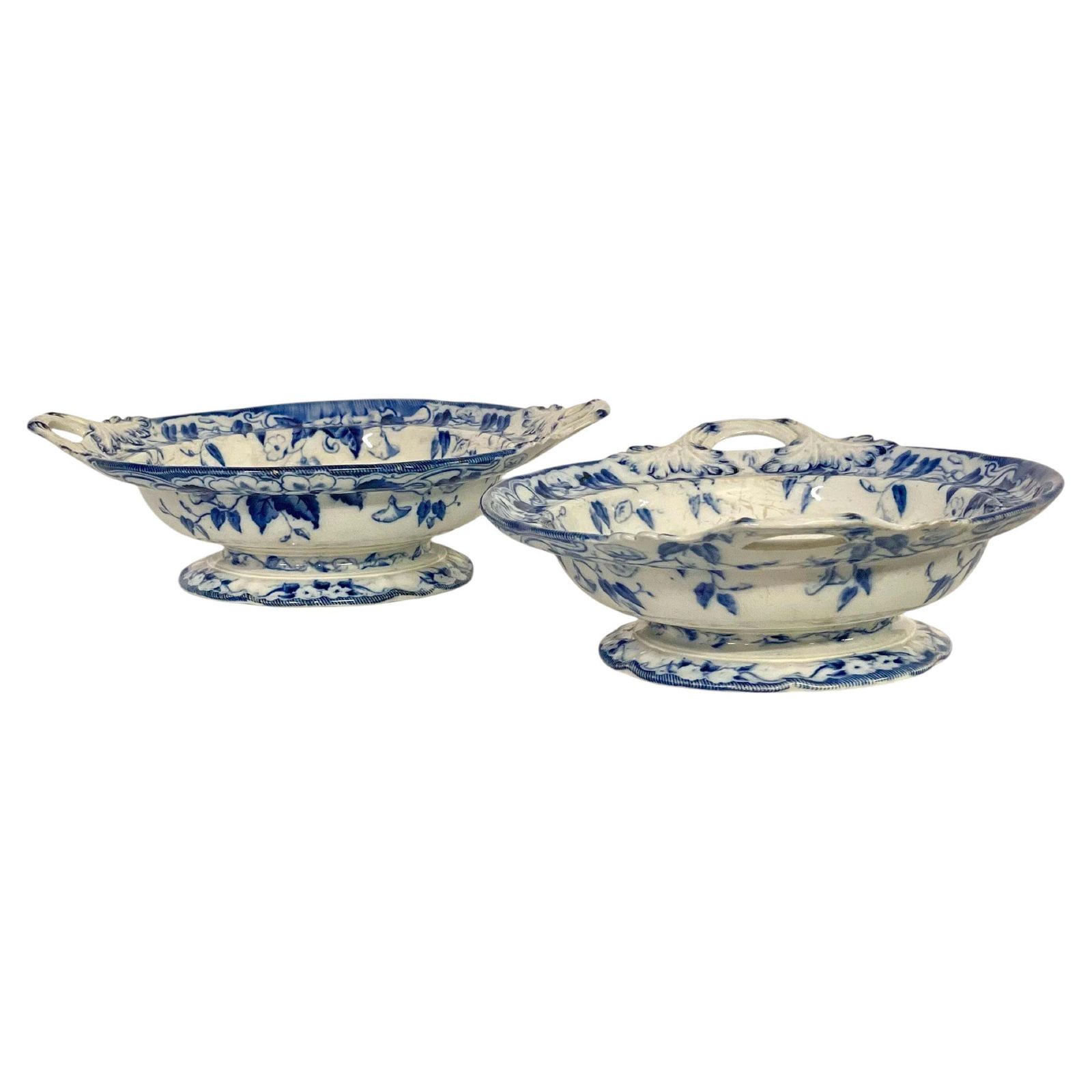 Pair Of 19th Century Ironstone White And Blue Compotiers By Creil Et Montereau