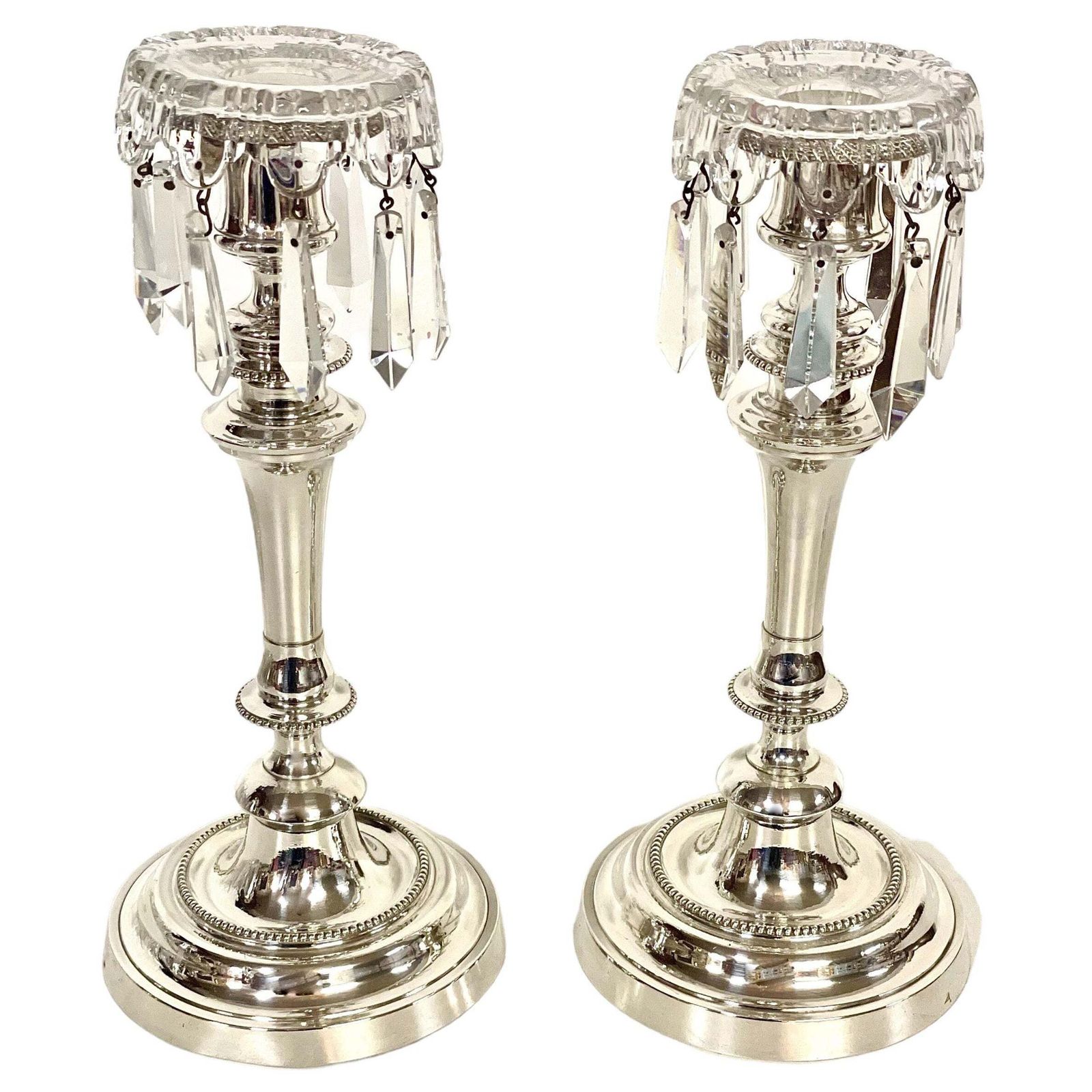 Louis XVI Style Pair Of Silver Plated And Crystal Candle Holders By Morlot