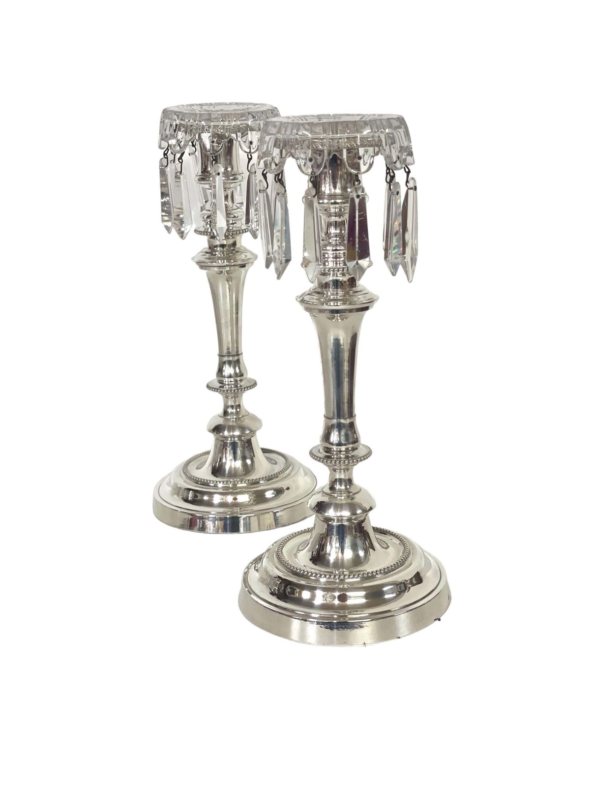Louis XVI Style Pair Of Silver Plated And Crystal Candle Holders By Morlot photo buy