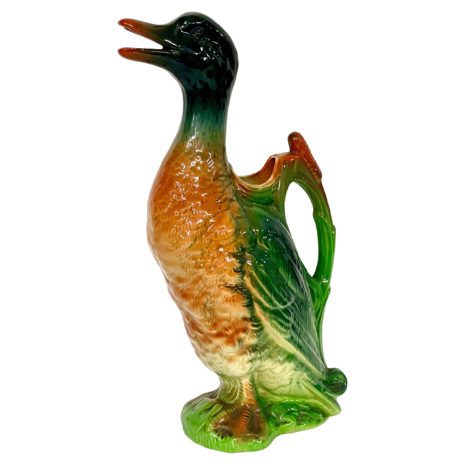19th Century French Saint Clément Majolica Duck Mallard Pitcher