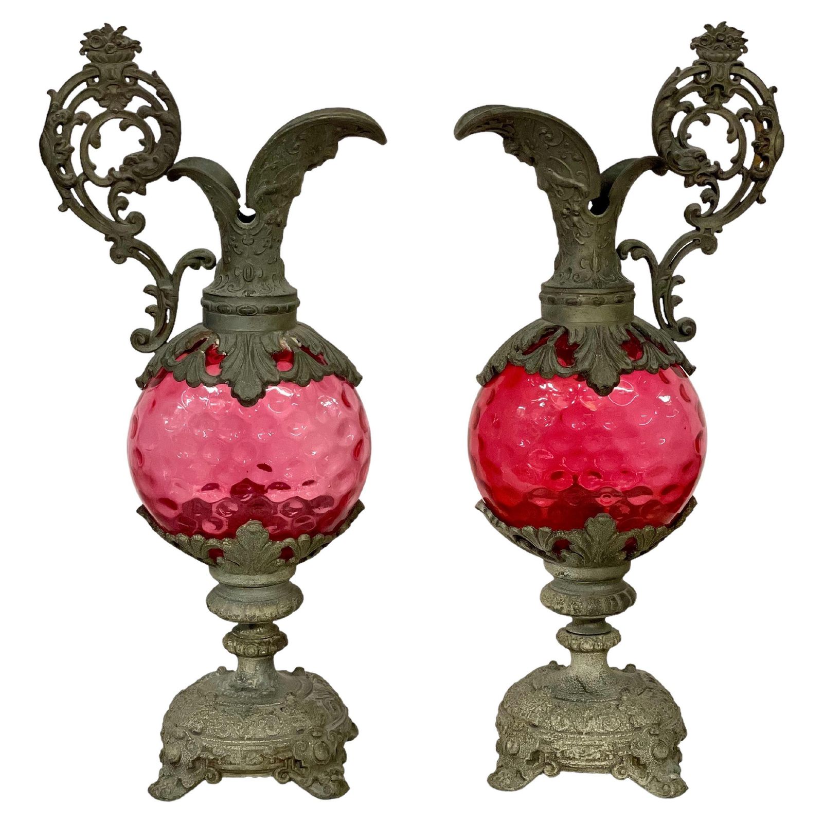 19th Century French Pair Of Tall Silver Plated Ewers With Pink Glass