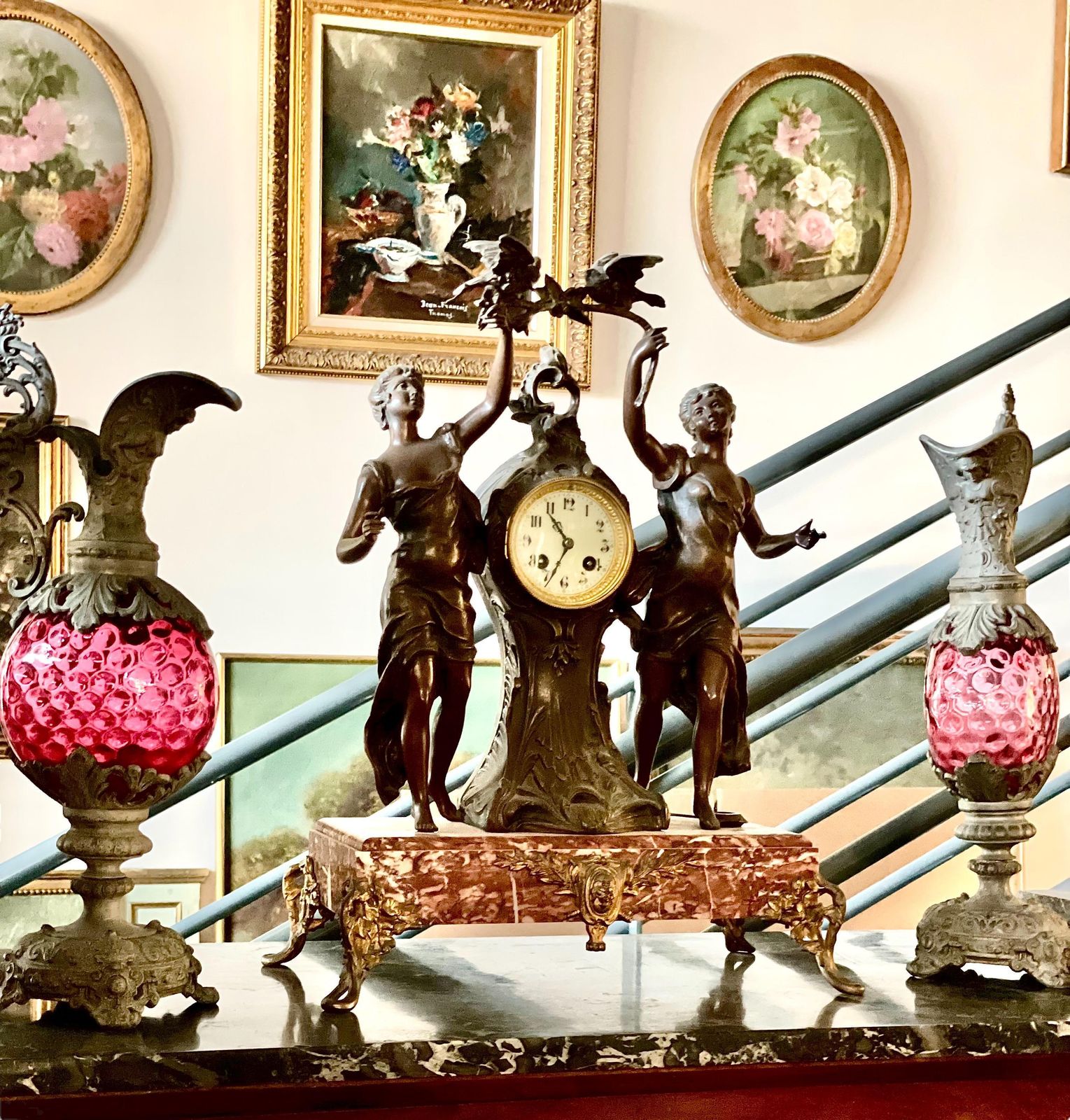 Home Decor 19th Century French Pair Of Tall Silver Plated Ewers With Pink Glass photo