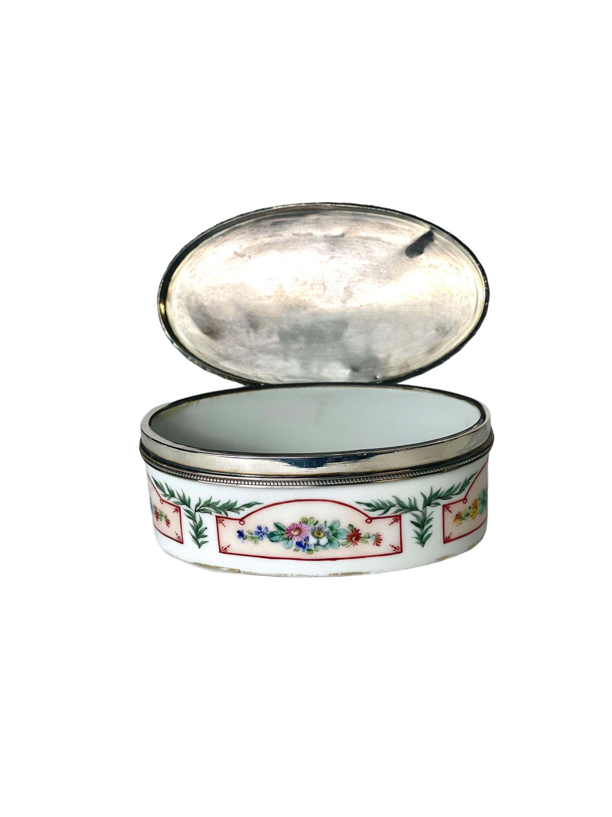 Sterling Silver, Lidded Porcelain Trinket Or Snuff Box photo furniture