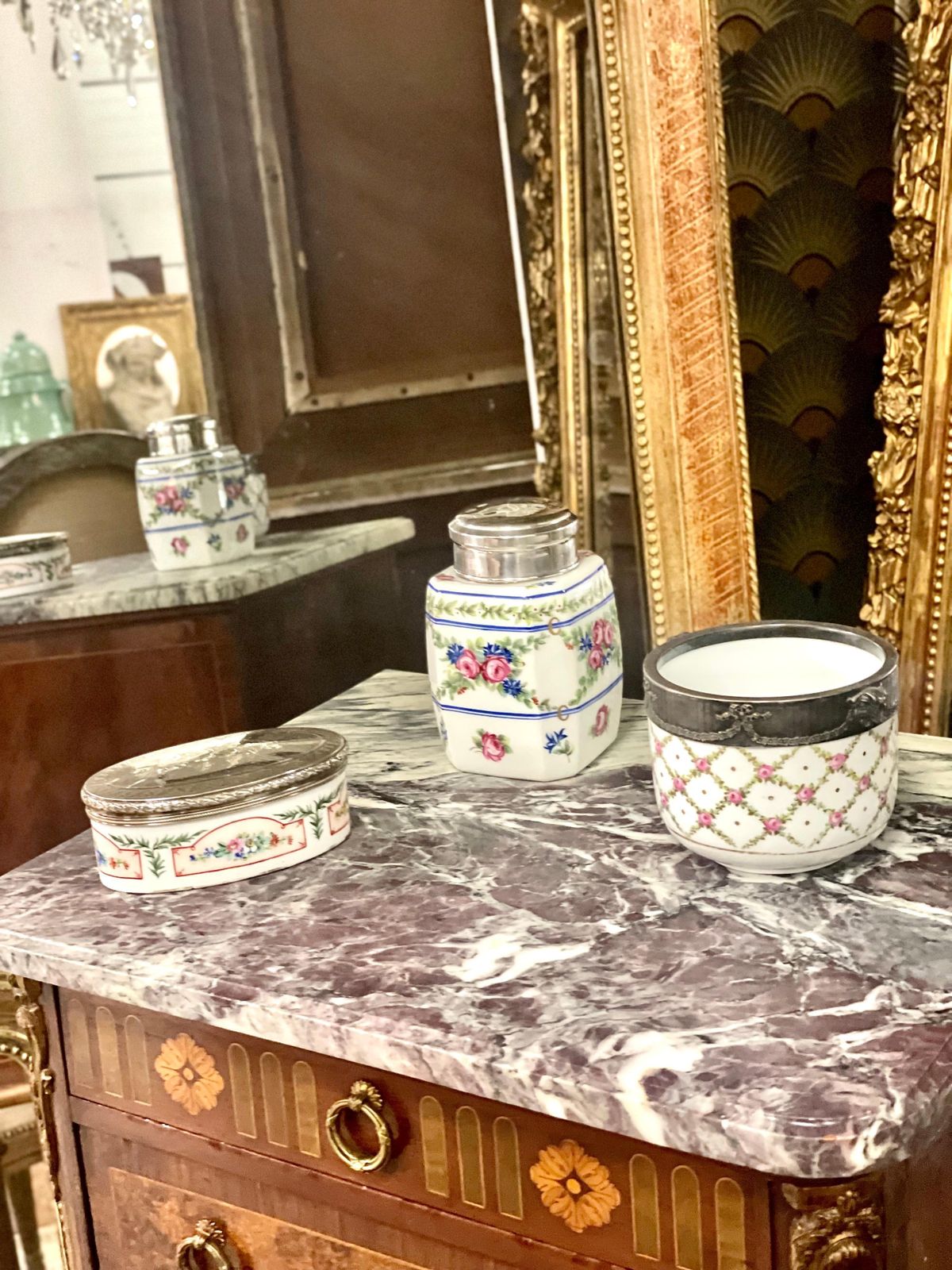 Sterling Silver, Lidded Porcelain Trinket Or Snuff Box photo vintage