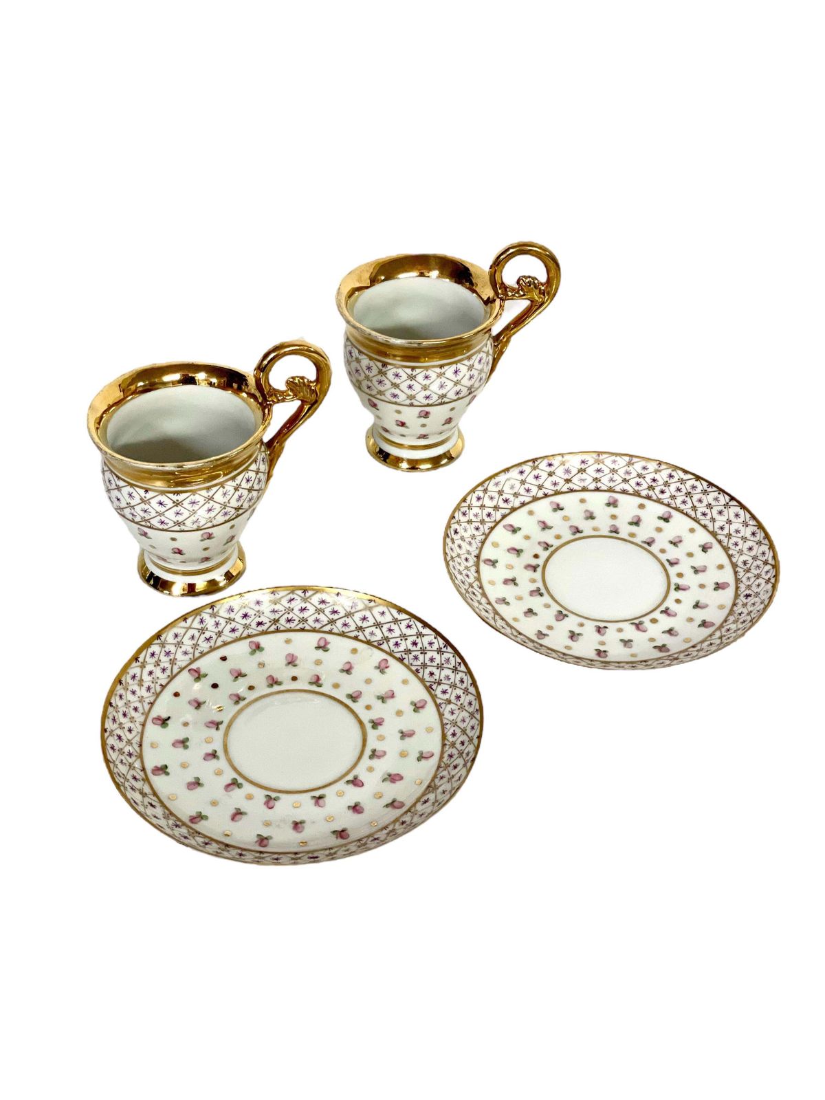 Antique Pair Of Paris Porcelain Gilded Coffee Cups And Saucers photo for sale