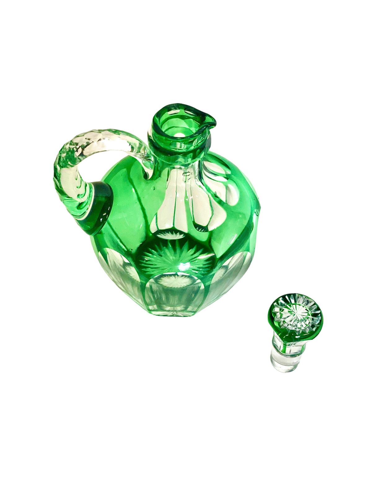 Vintage French Green Overlay Crystal Liqueur Decanter With Handle photo vinterior