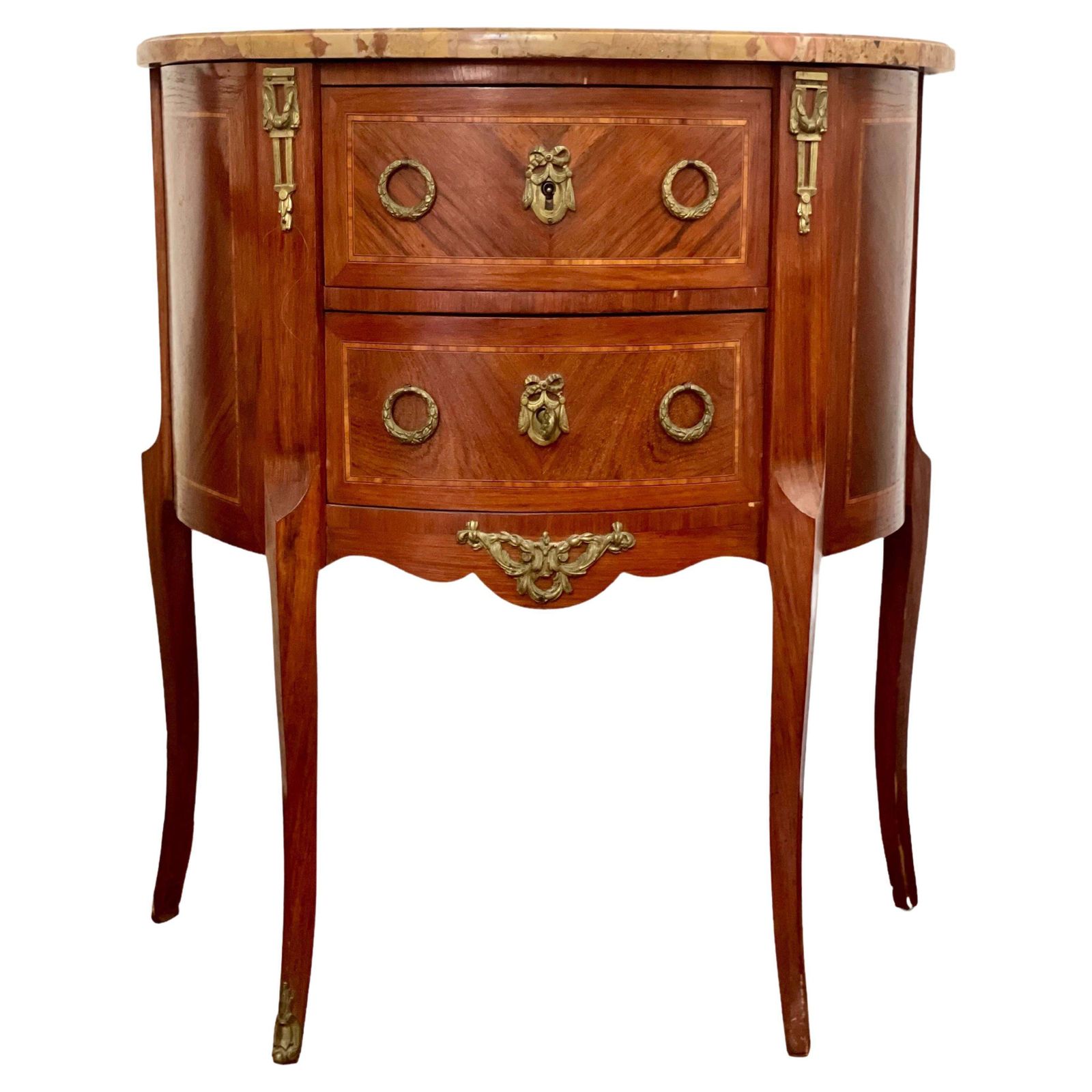 French Louis XVI Style Demi Lune Two Drawer Commode With Marble Top