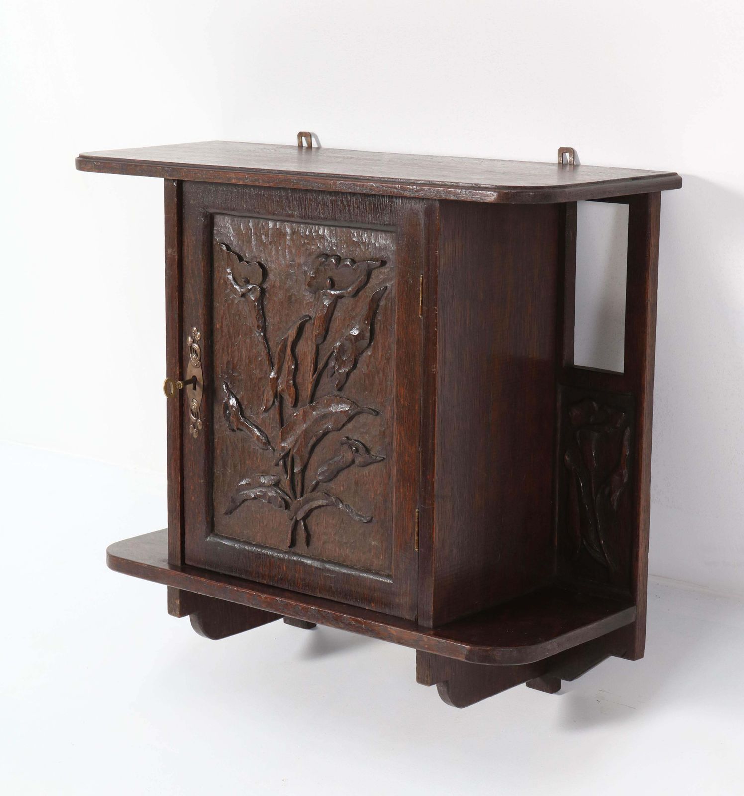 Oak Arts & Crafts Art Nouveau Wall Cabinet With Calla Lilies, 1900s photo furniture