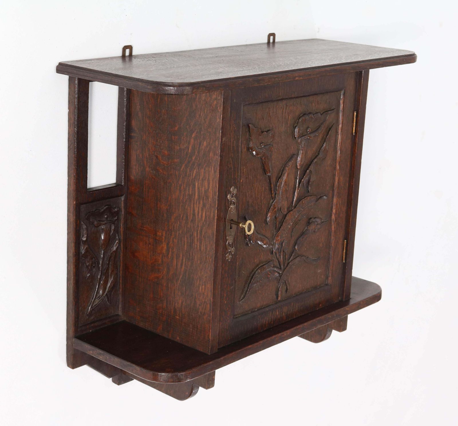 Oak Arts & Crafts Art Nouveau Wall Cabinet With Calla Lilies, 1900s photo Furniture