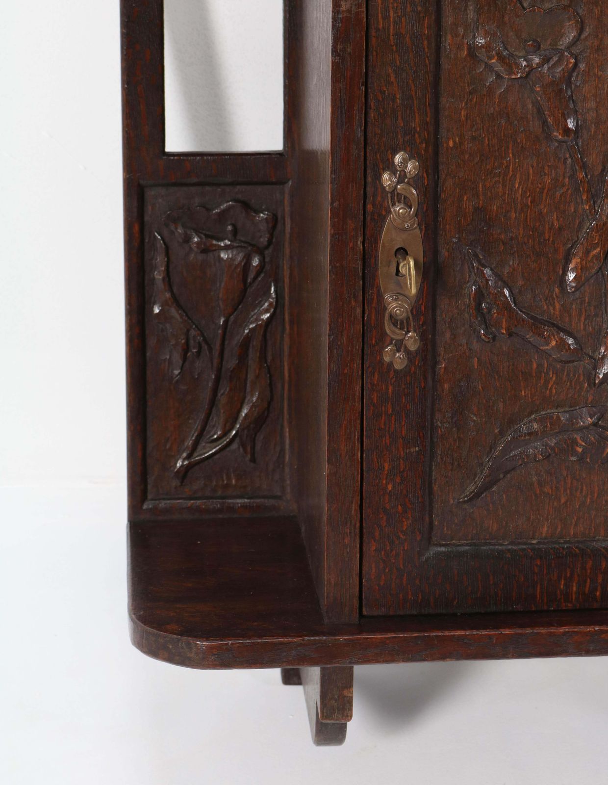 Oak Arts & Crafts Art Nouveau Wall Cabinet With Calla Lilies, 1900s photo vintage