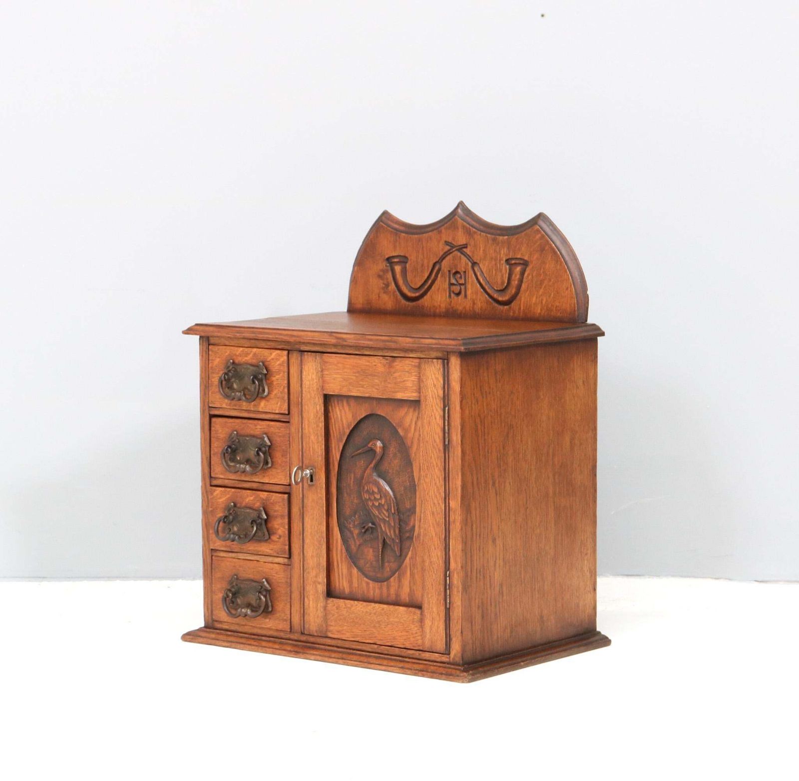 Oak Arts & Crafts Wall Cabinet With Hand Carved Stork, 1900s photo Furniture