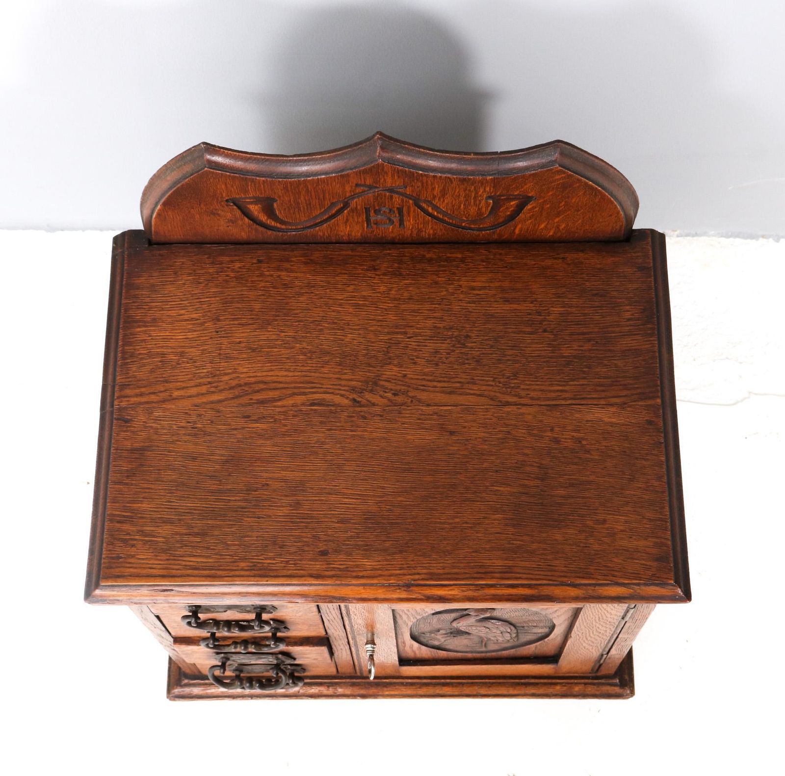 Oak Arts & Crafts Wall Cabinet With Hand Carved Stork, 1900s photo buy