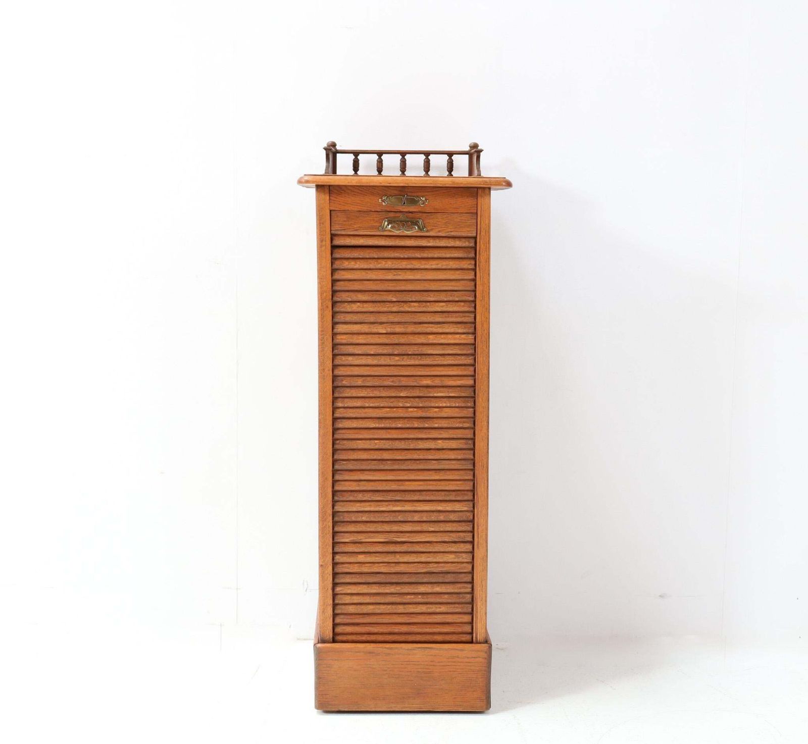 Oak Art Nouveau File Cabinet With Roll Top Door, 1900s photo furniture