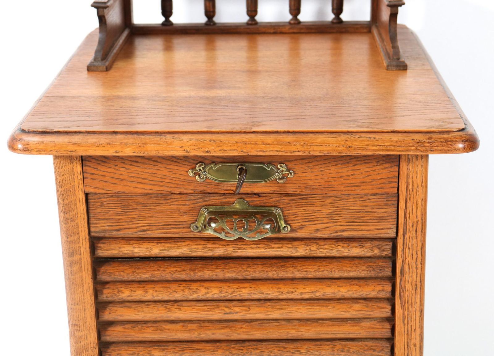 Furniture Oak Art Nouveau File Cabinet With Roll Top Door, 1900s photo