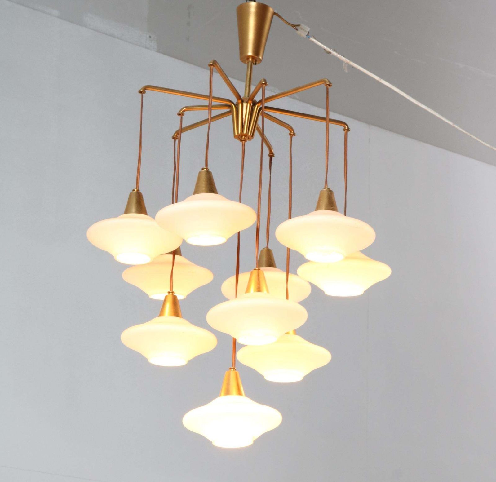 Mid Century Modern Chandelier With Ten Milk Glass Shades, 1960s photo Lighting