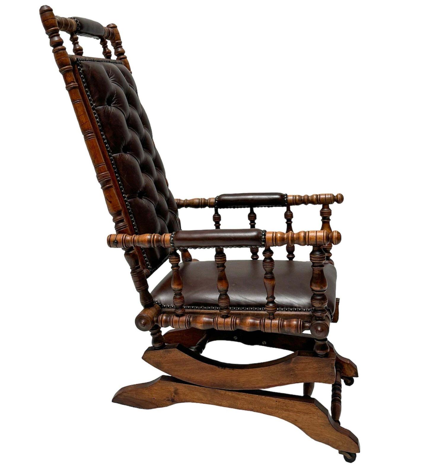 English Victorian Rocking Chair With Leather Upholstery, 1890s photo vinterior