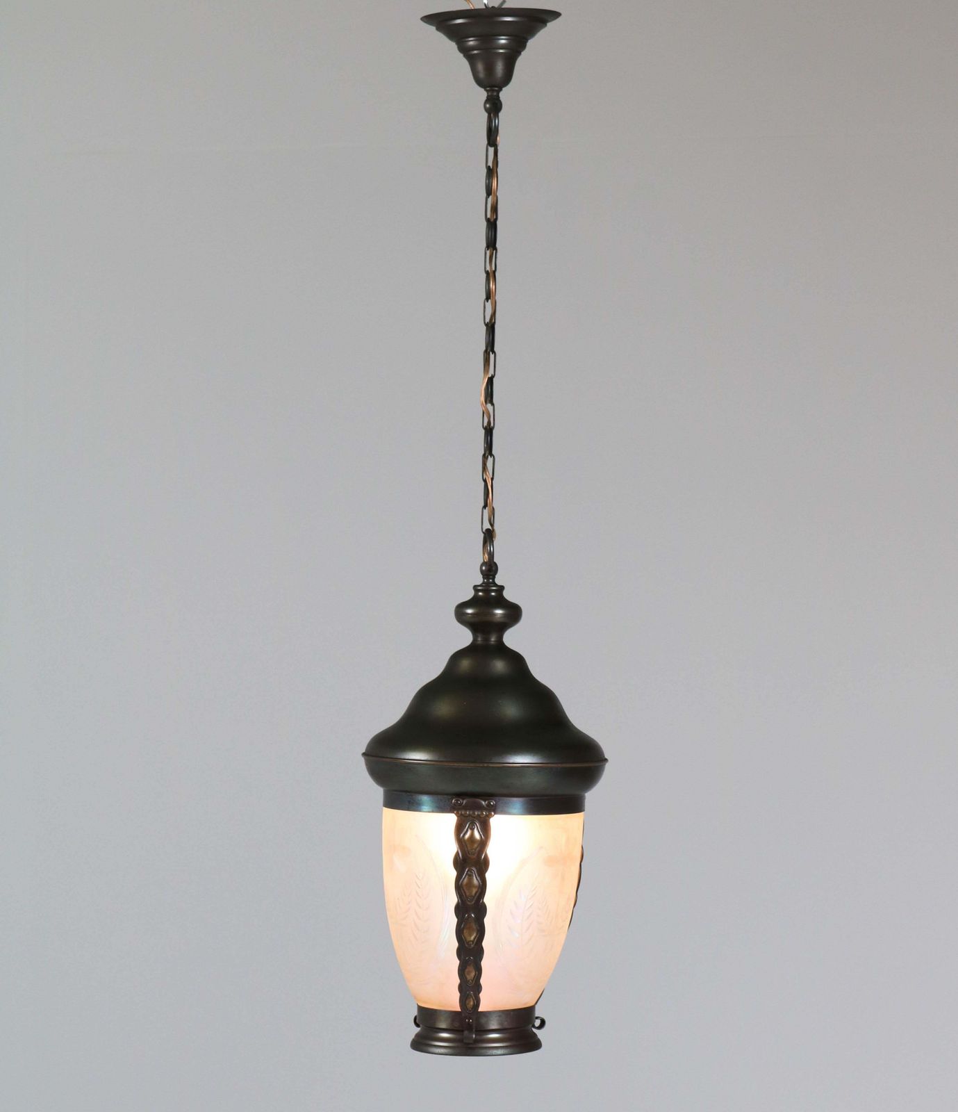 Brass Art Nouveau Lantern Or Pendant Lamp With Petrol Glass Shade, 1900s photo for sale