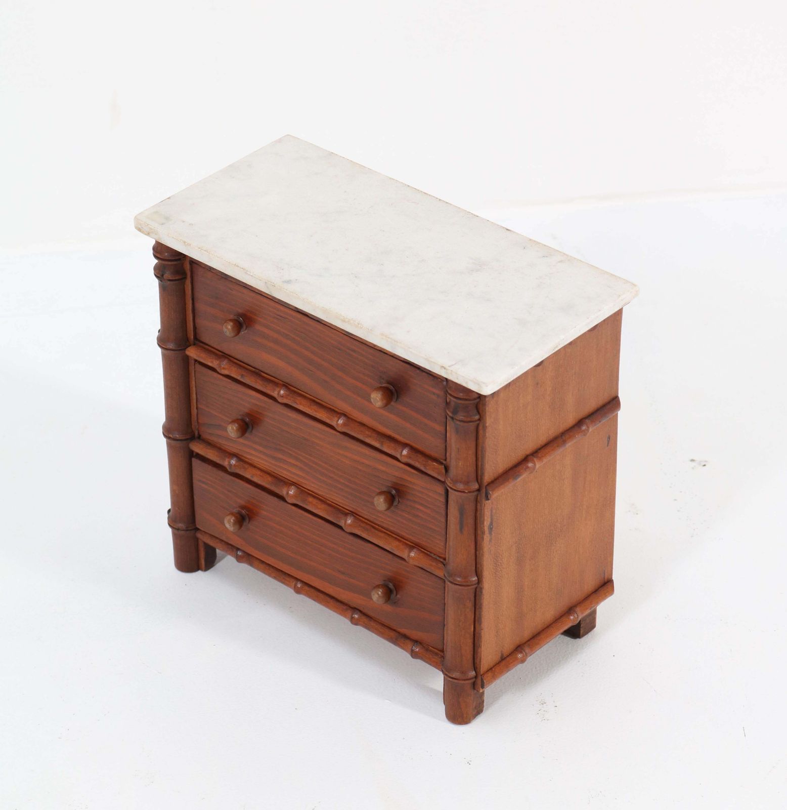 Pine French Faux Bamboo Miniature Chest Of Drawers With Marble Top, 1920s photo 338.0