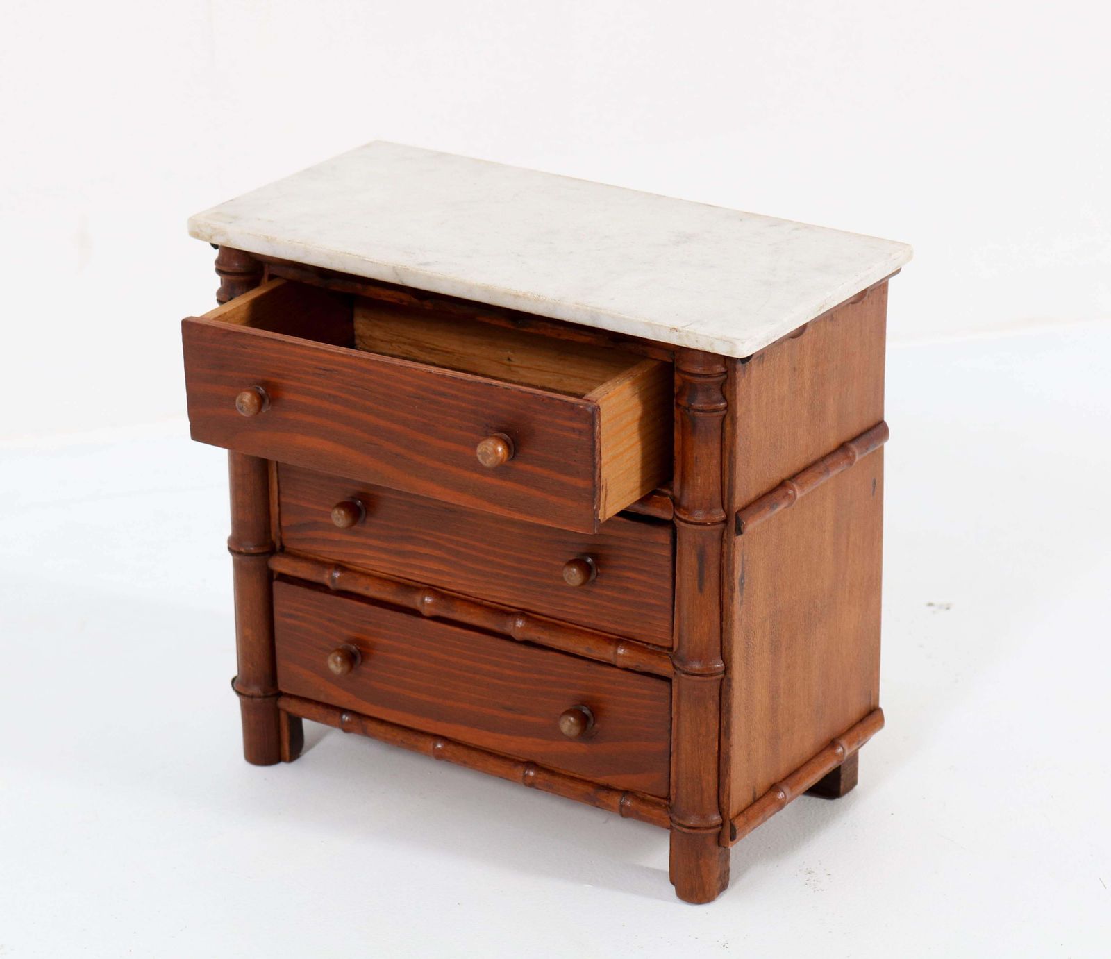 Pine French Faux Bamboo Miniature Chest Of Drawers With Marble Top, 1920s photo vinterior