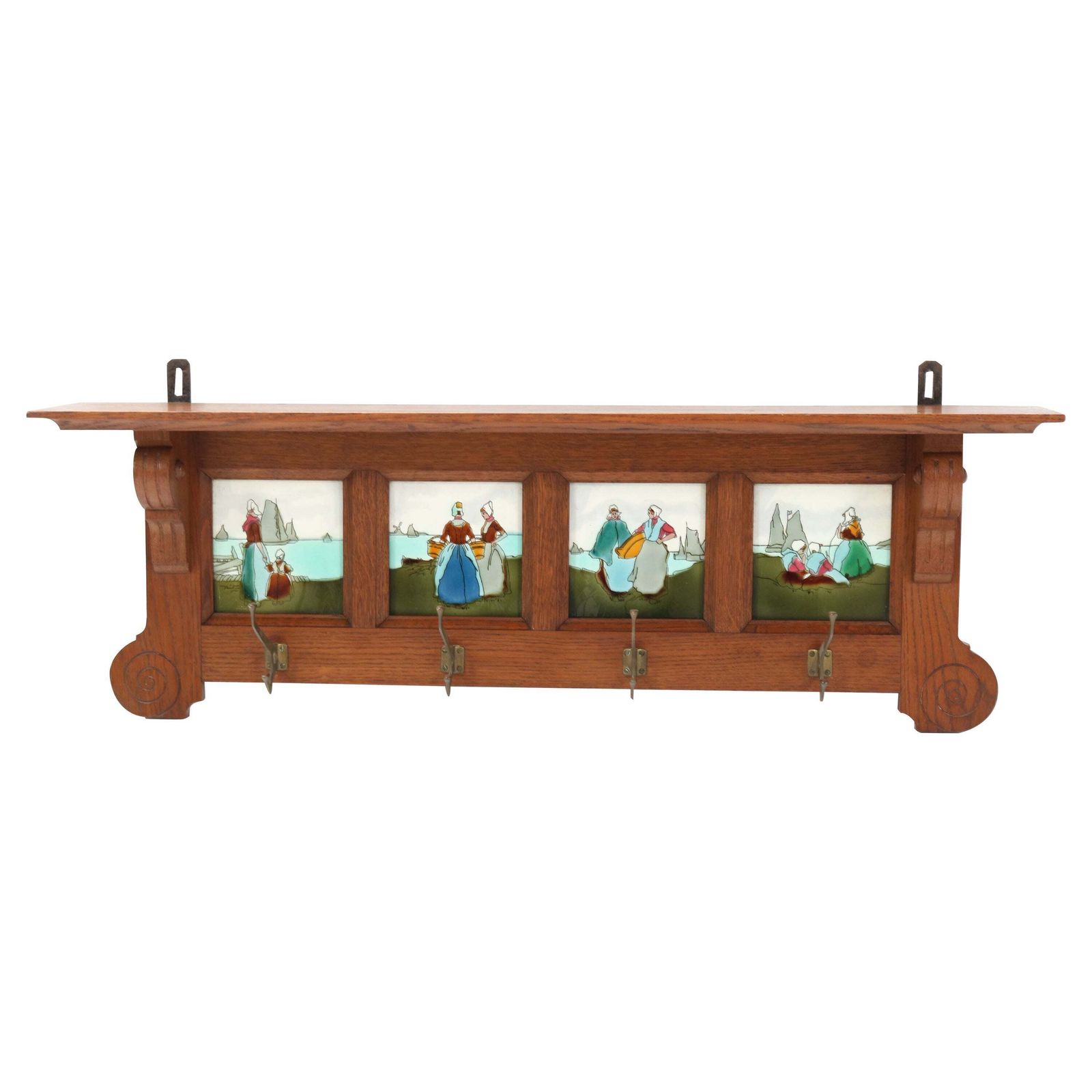 Oak Belgium Art Nouveau Wall Coat Rack With Tiles, 1900s