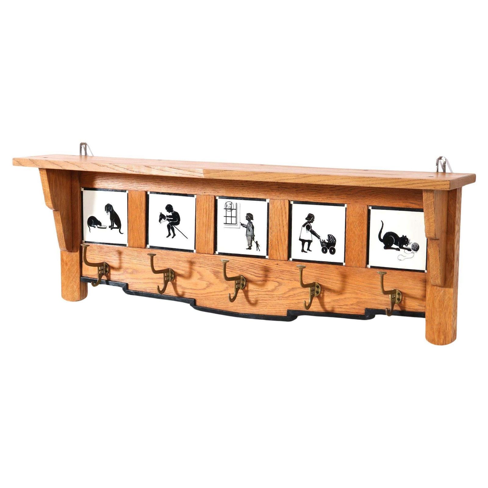 Oak Art Deco Amsterdamse School Coat Rack With Tiles, 1920s